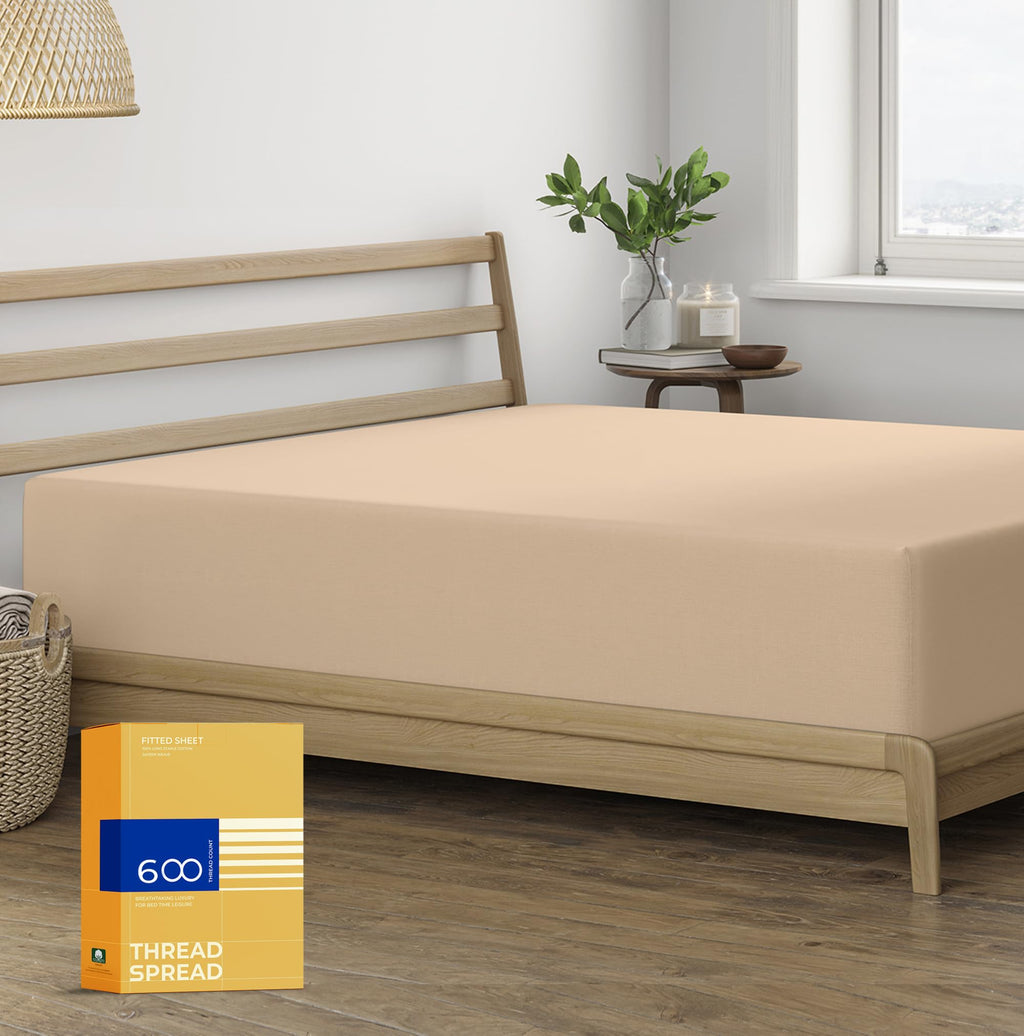 Thread Spread Twin Xl Fitted Sheet Only - 100% Egyptian Cotton 600 Thread Count 16' Deep Pocket Fitted Sheet Twin Xl, Soft Cooling Sateen Weave Bottom Sheet, Fits College Dorm Mattress, Teens - Taupe