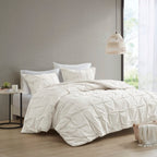 Ink+Ivy Masie Duvet Cover King/Cal King Size - White , Elastic Embroidery Tufted Ruffles Duvet Cover Set – 3 Piece – 100% Cotton Percale Light Weight Bed Comforter Covers