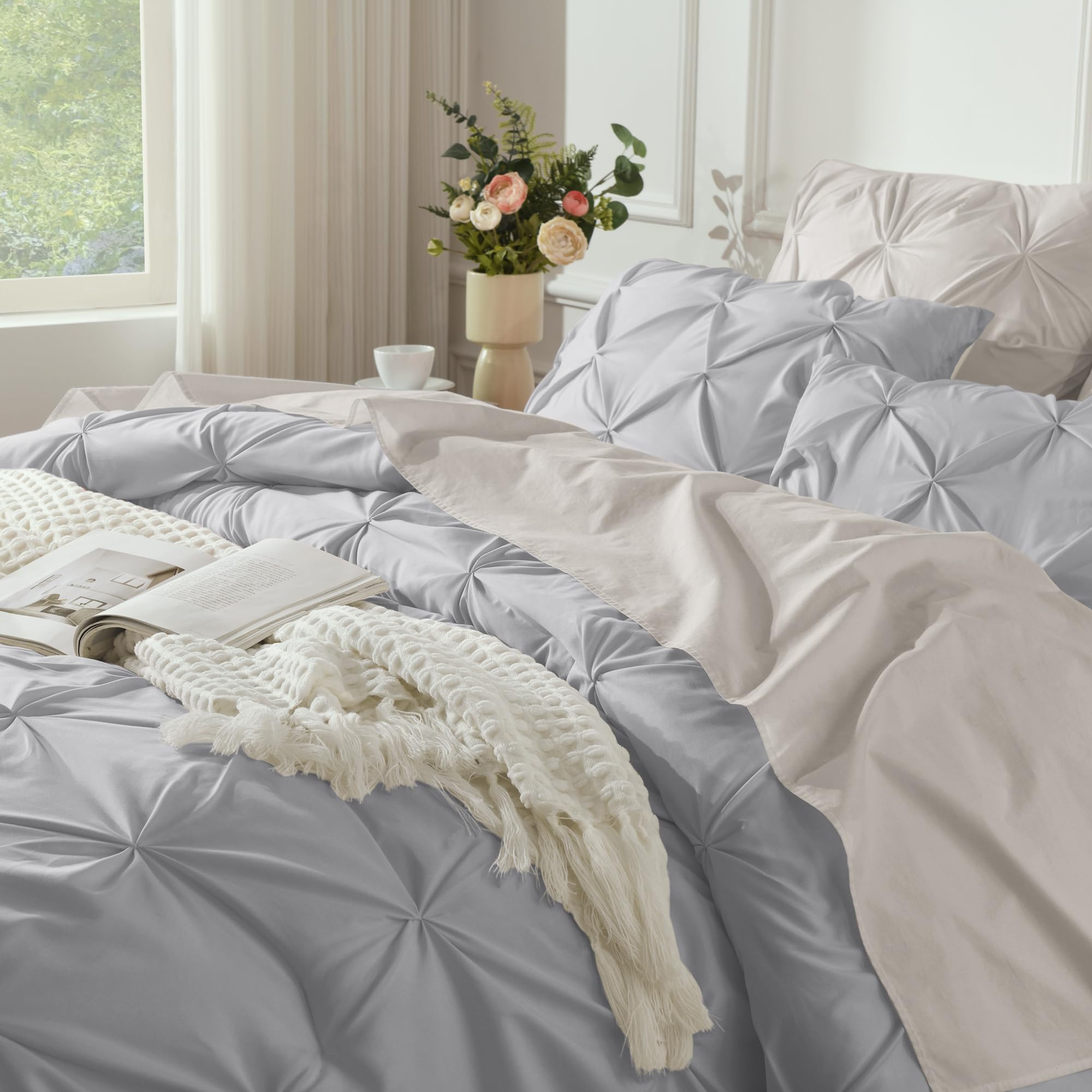 Andency California King Comforter Set Silver Gray (104X96Inch), Western Modern Pinch Pleat Bedding Set 3 Pieces, Oversized Pintuck All Season Soft Down Alternative Bed Set For Men Adults