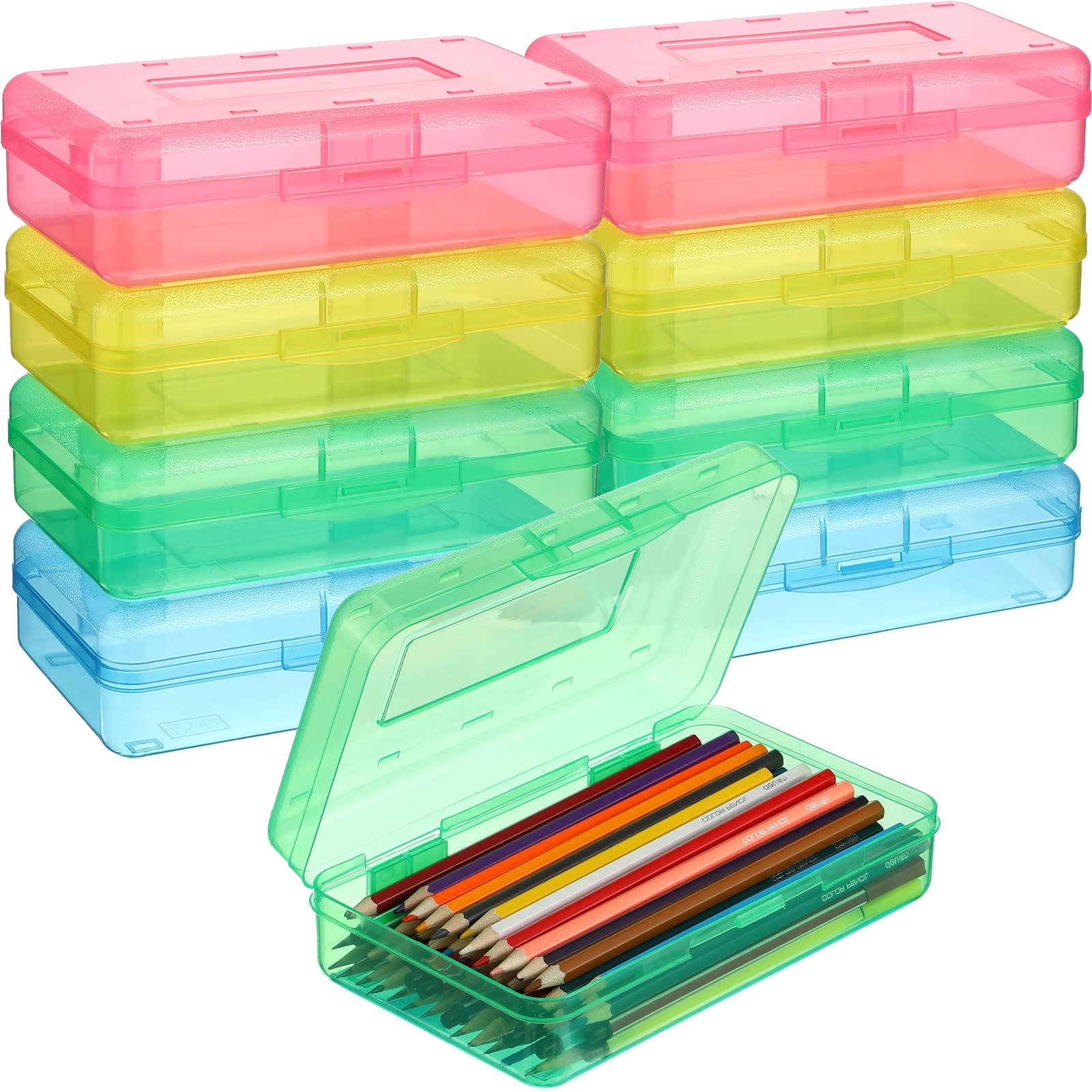 Fainne 12 Pcs Plastic Pencil Box Large Capacity Pencil Case Clear Pencil Box With Snap Closure Lids Plastic Crayon Boxes Multi P