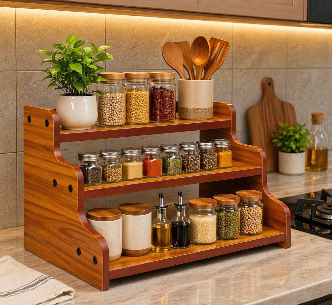 Craftland 3Tier Spice Rack, Spice Storage Holder, Kitchen Pantry Cabinet Organizer Cupboard, Wood Step Shelf Countertop For Spi