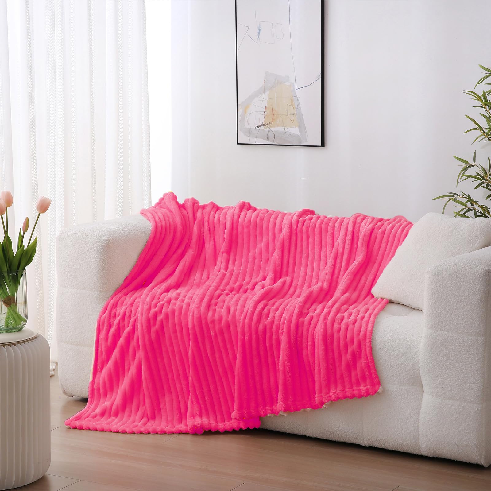 Linecooo Hot Pink Fleece Throw Blanket 50     60    For Couch Sofa Bed,Super Soft Cozy Plush Microfiber Flannel Blanket With Str
