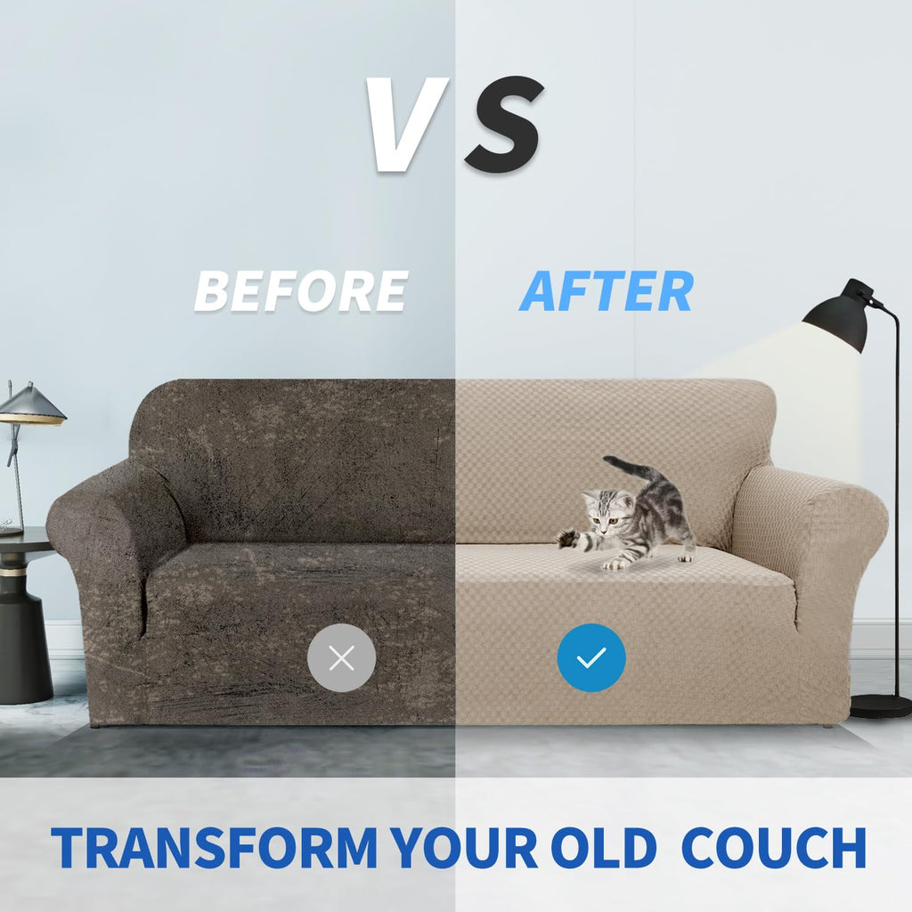 Znsayotx 1 Piece Jacquard Couch Covers For 3 Cushion Couch Living Room High Stretch Sofa Cover Pets Dogs Friendly Anti Slip Thickened Slipcovers Furniture Protector (Sofa, Khaki)