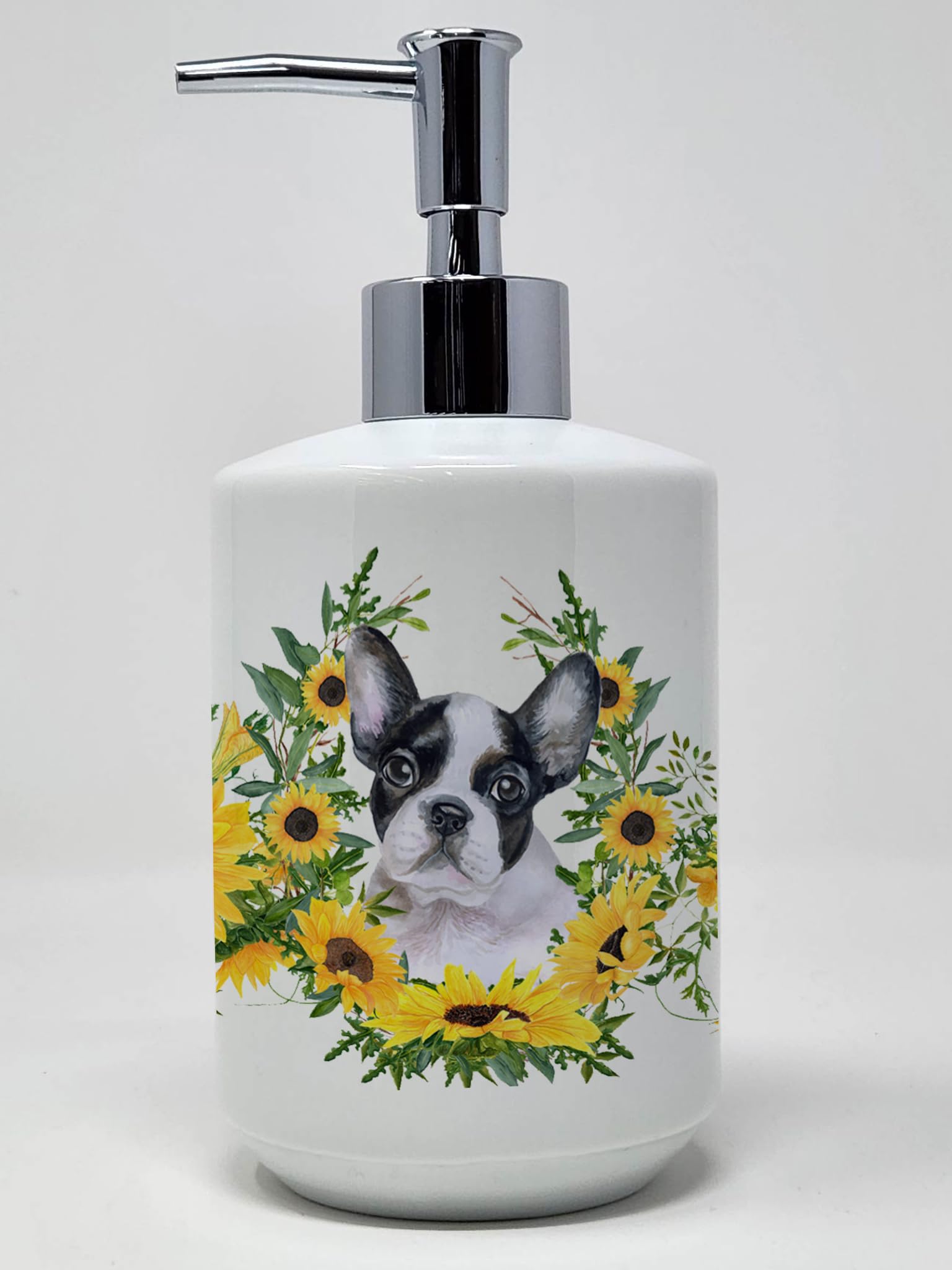 Caroline's Treasures CK2902SOAP French Bulldog Black White in Sunflowers Ceramic Soap Dispenser Hand Soap Dispenser Pump Bottles