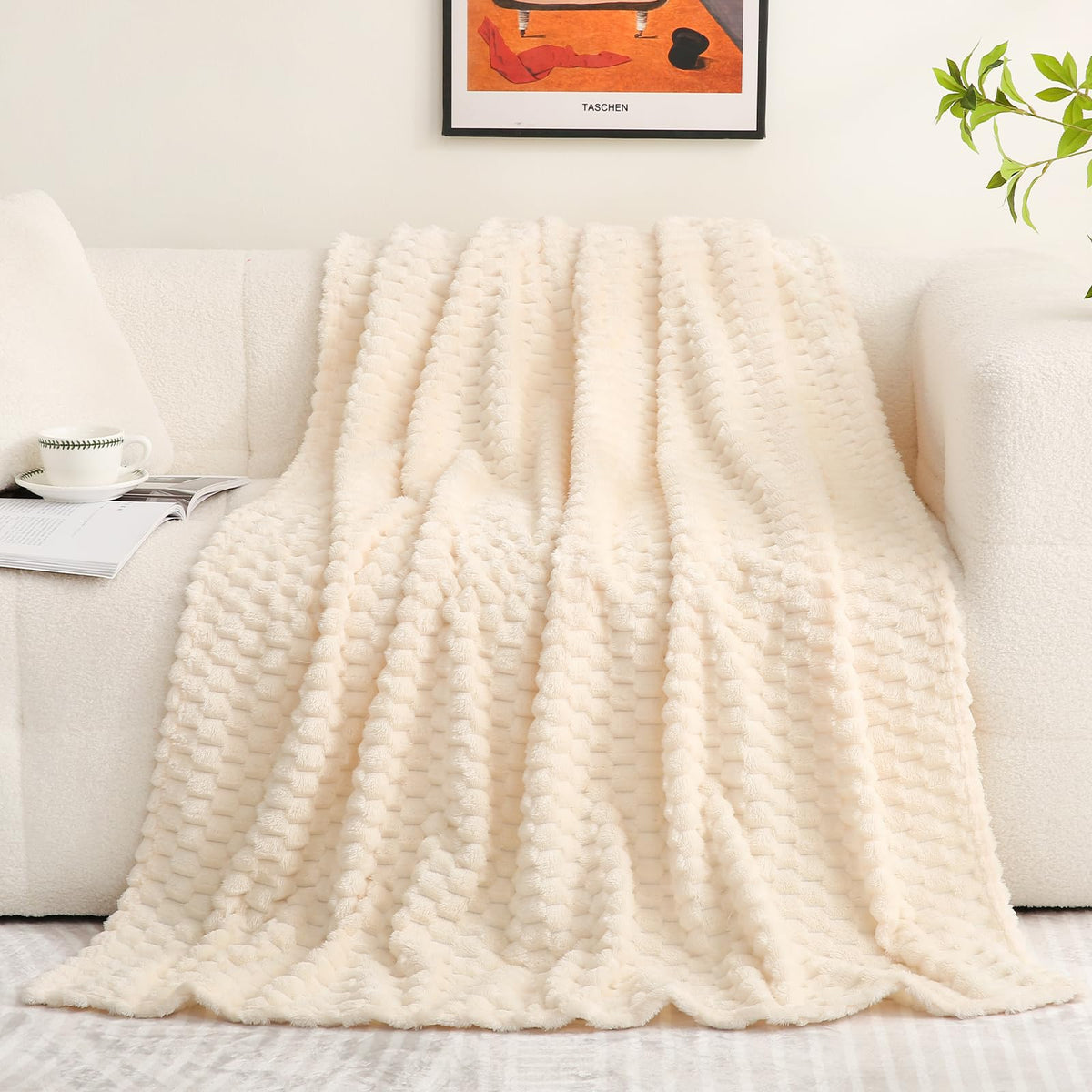 Puncuntex Cream White Throw Blanket 60'  80' Inches Fuzzy 3D Jacquard Decorative Flannel Fleece Super Soft Plush Cozy Blanket