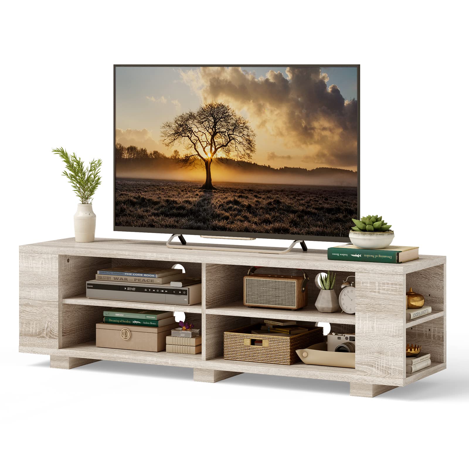 Tangkula Wood Tv Stand For Tvs Up To 65 Inch Flat Screen, Modern Entertainment Center With 8 Open Shelves, Farmhouse Tv Storage Cabinet For Living Room Bedroom, Tv Console Table (White Oak)