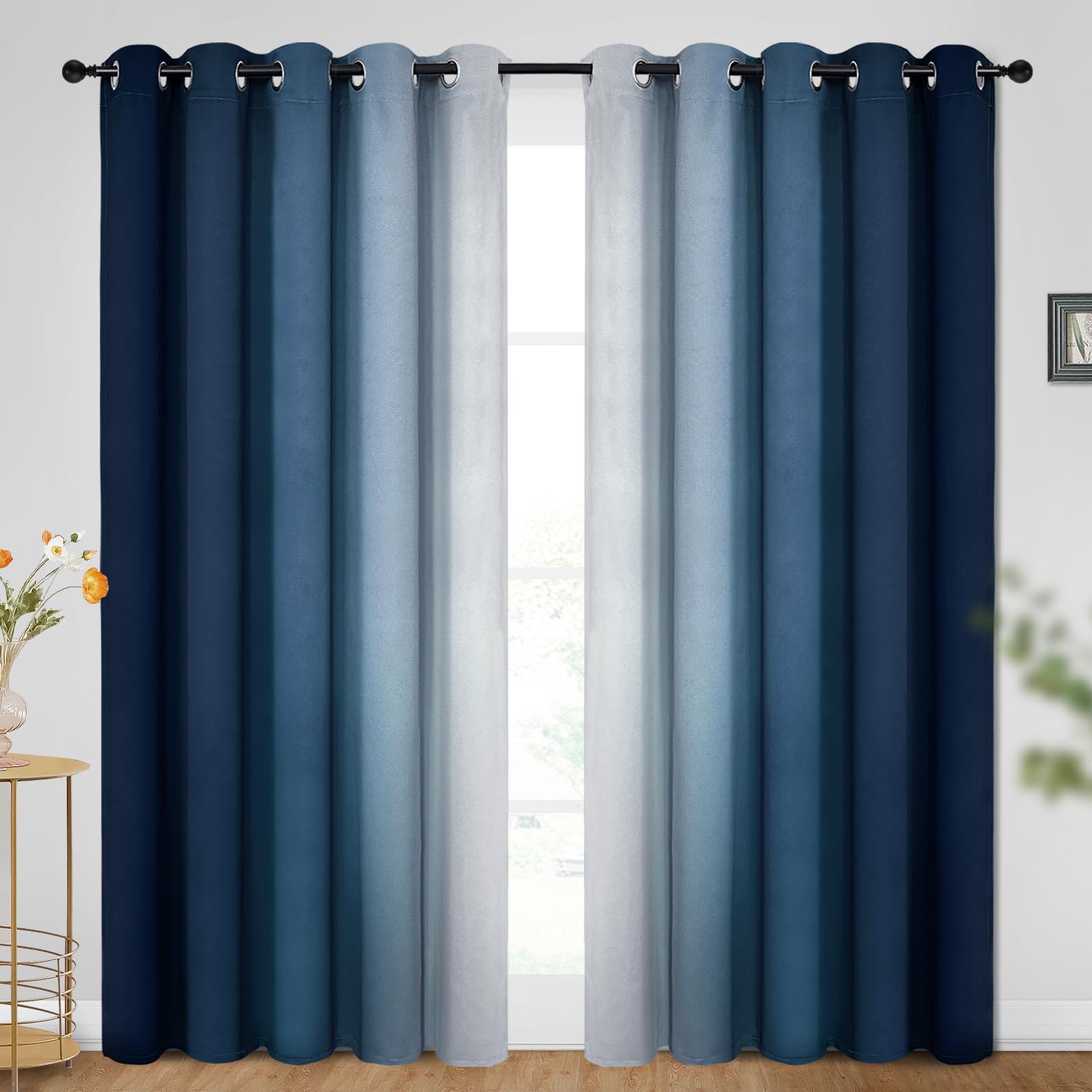 Simplehome Ombre Room Darkening Curtains For Bedroom, Gradient Dark Blue To Grey White Light Blocking Thermal Insulated Grommet