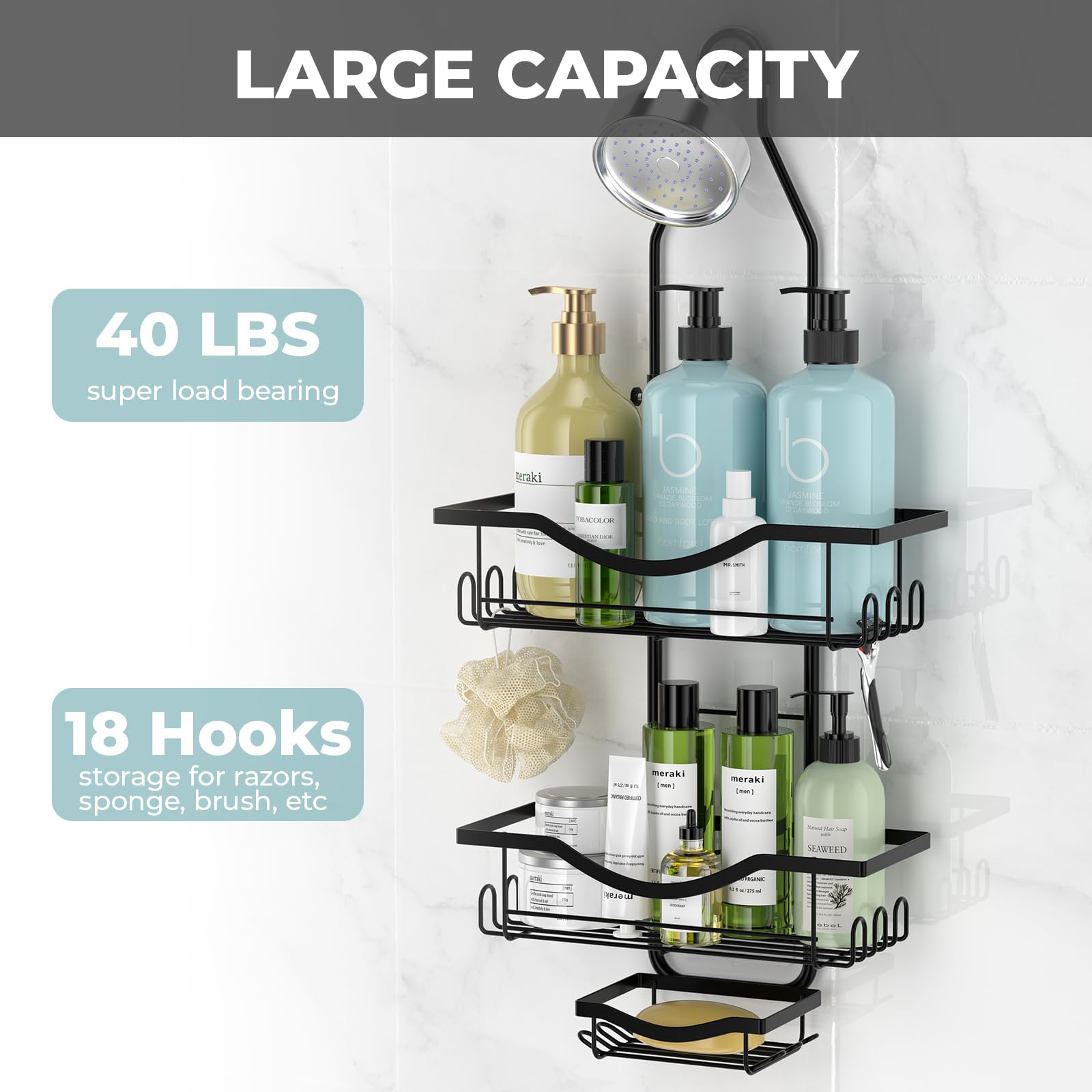 Shower Caddy Hanging Adjustable Shower Caddy, Rustproof Extended Length Shower Caddy Over Shower Head With Hooks Soap Holder, La