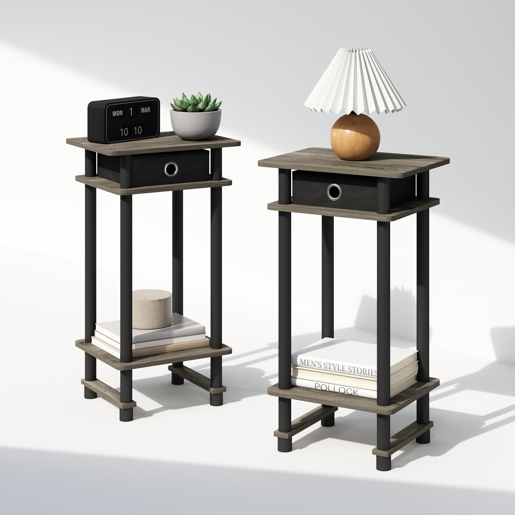 Furinno Turn-N-Tube Tall Nightstand With Bin, 2-Pack, Plastic Poles, French Oak/Black/Black