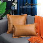 Brawarm Tan Leather Throw Pillow 12 X 20 Inches, Faux Leather Pillow Cover With Piping, Hand Stitched Leather Decorative Lumbar