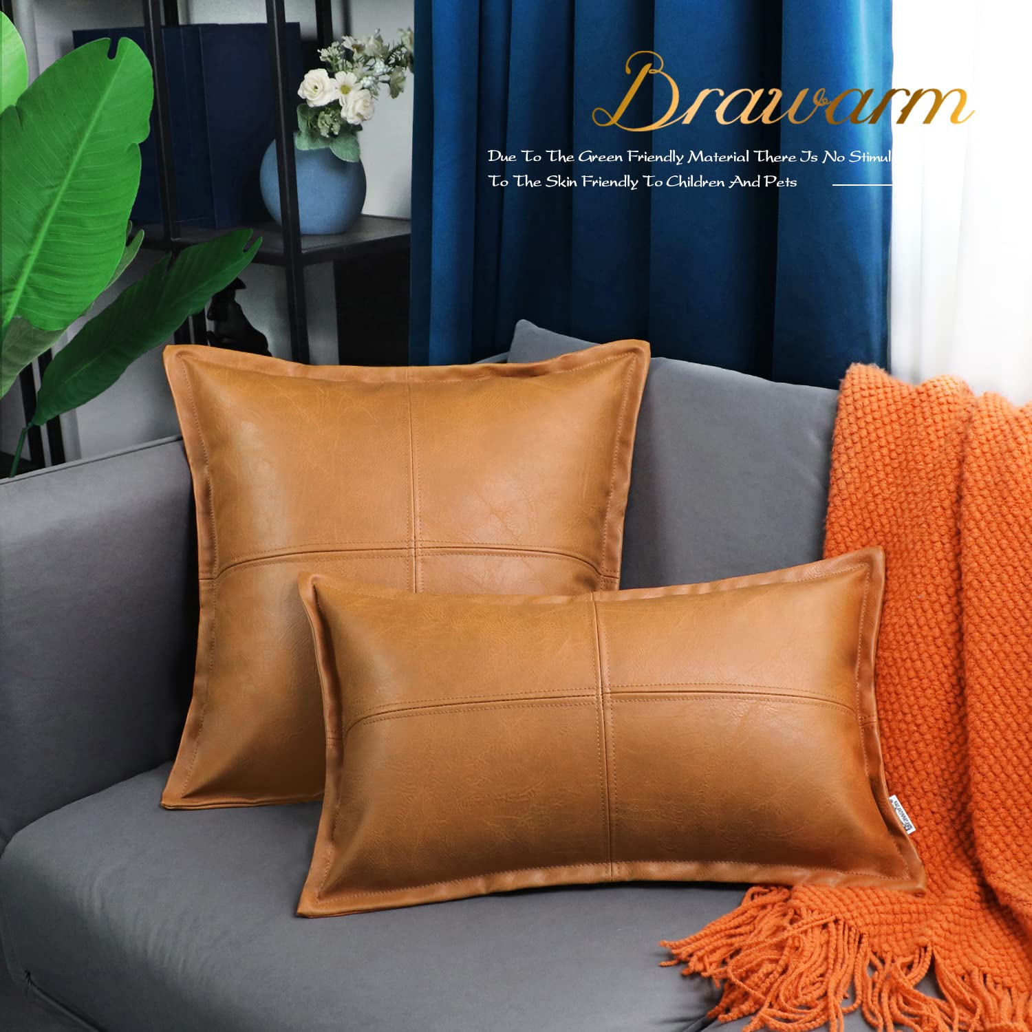 Brawarm Tan Leather Throw Pillow 12 X 20 Inches, Faux Leather Pillow Cover With Piping, Hand Stitched Leather Decorative Lumbar