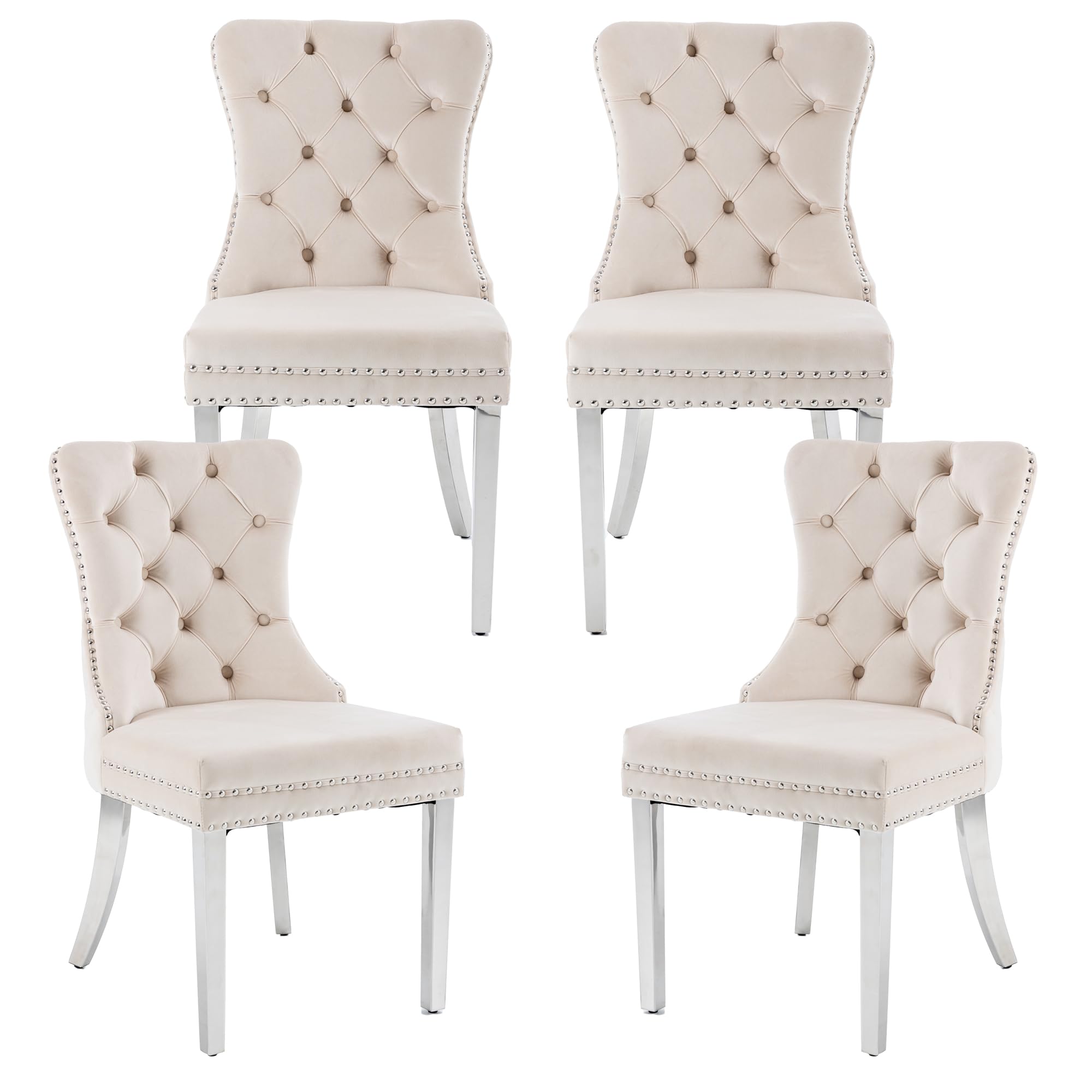 Goolon Dining Room Chairs Set Of 4, Button Tufted Velvet Chairs With Modern Stainless Steel Legs, Rivet Trim Metal Pull Ring Lar