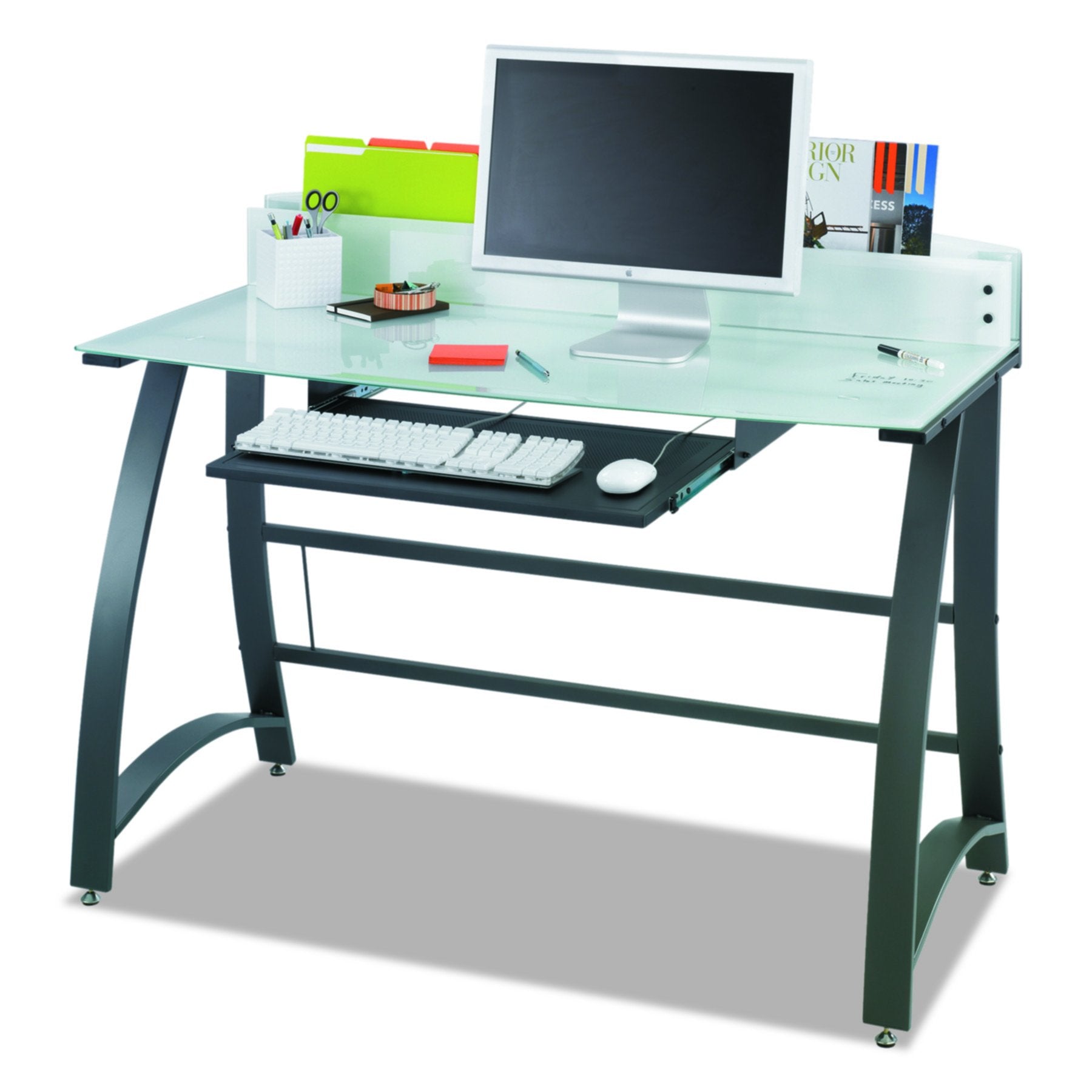 Safco Products 1938TG Xpressions 47" Computer Glass Top Workstation (Optional Keyboard Tray 1940BL Sold Separately), Tempered Glass/Black Frame