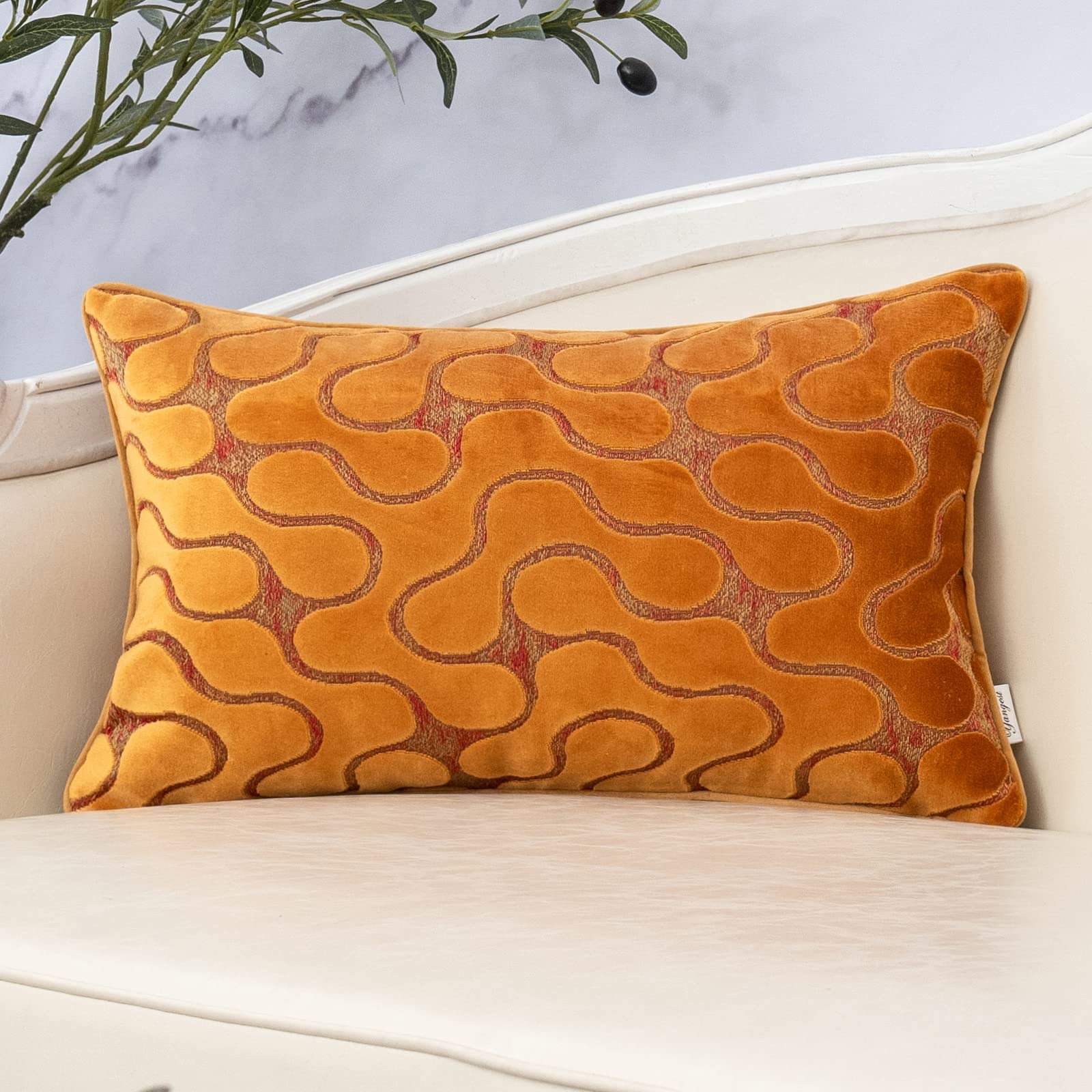 Yangest Orange Yellow Velvet Wave Lumbar Throw Pillow Cover Wavy Line Luxury Cushion Case Modern Zippered Rectangular Pillowcase
