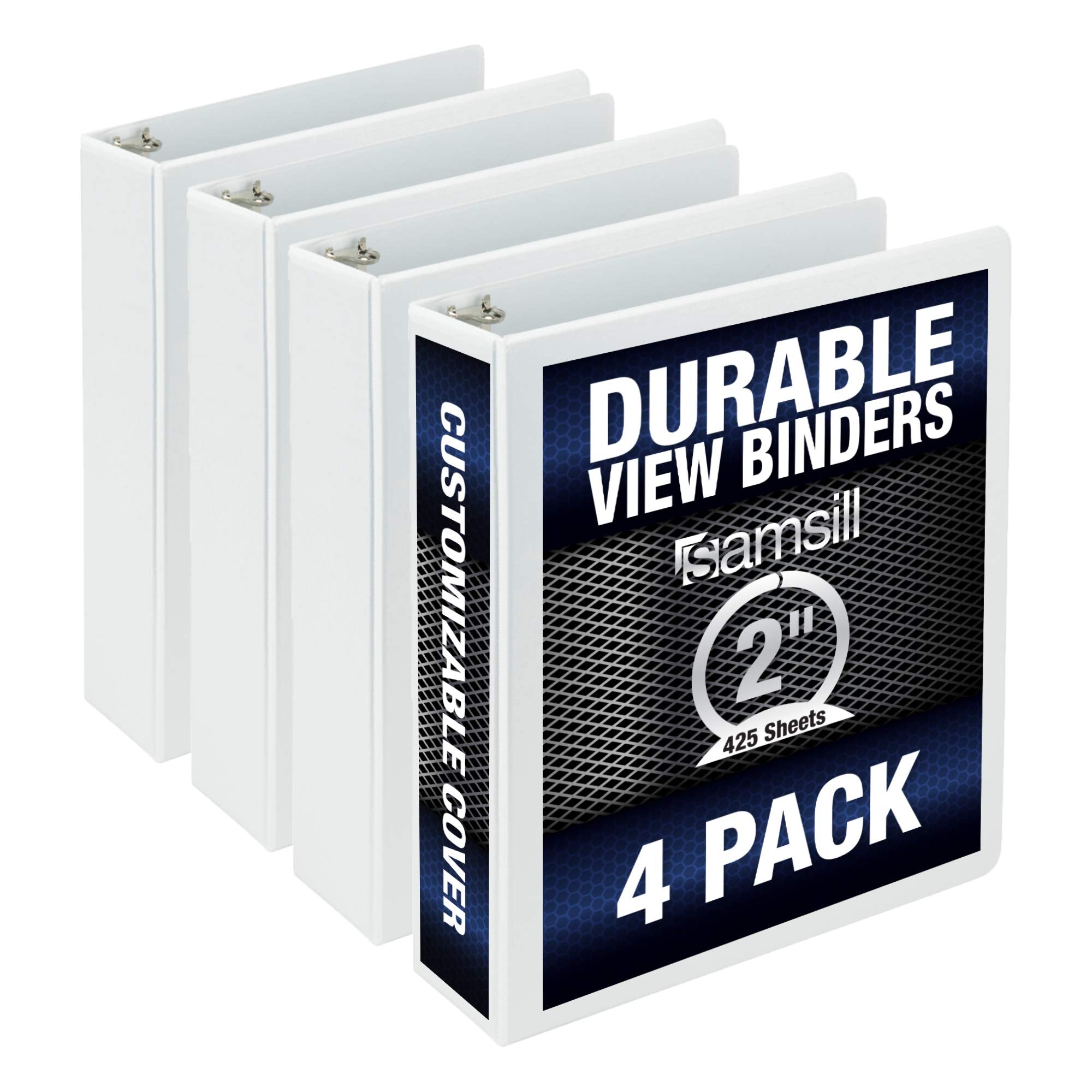 Samsill Durable 2 Inch Binder, Made In The Usa, Round Ring Customizable Clear View Binder, White, 4 Pack (Mp48467)
