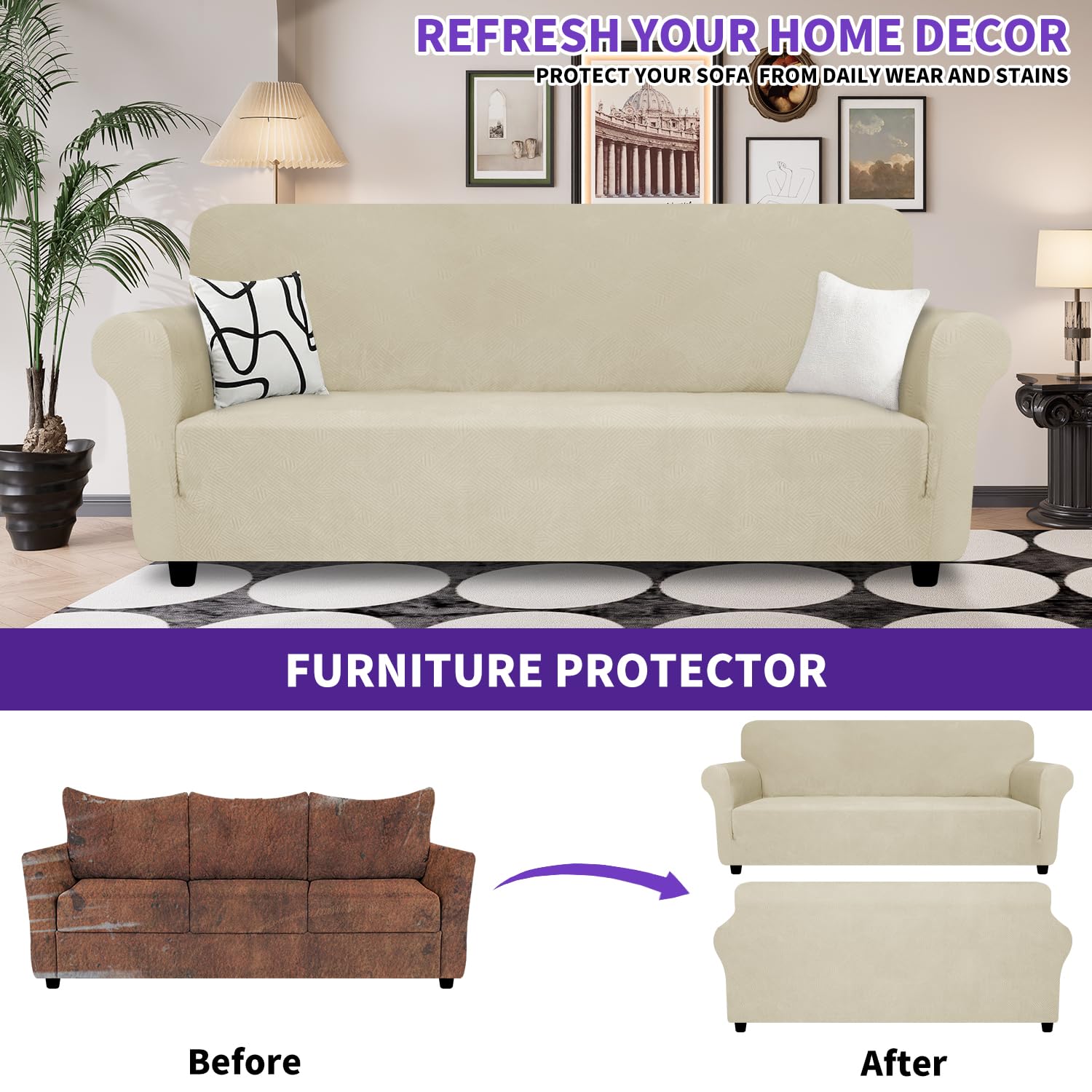 Znsayotx Super Stretch Couch Cover (72'-92'), New Striped Sofa Covers Fitted Slipcovers With Elastic Bottom, Dog Cat Pets Proof Spandex Fabric Comfortable & Durable (Khaki, Sofa)