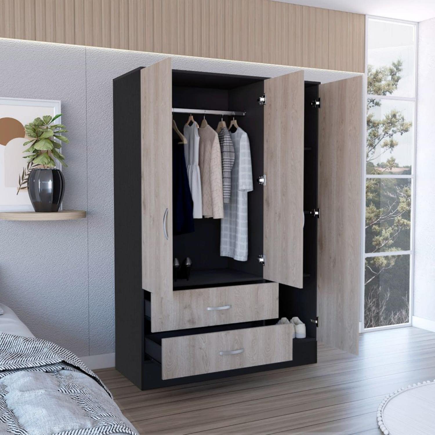 Gangi 120 Mirrored Armoire, Double Door Cabinet, 2 Drawers, Metal Hardware, Rods, 4 Shelves, Black/Light Gray