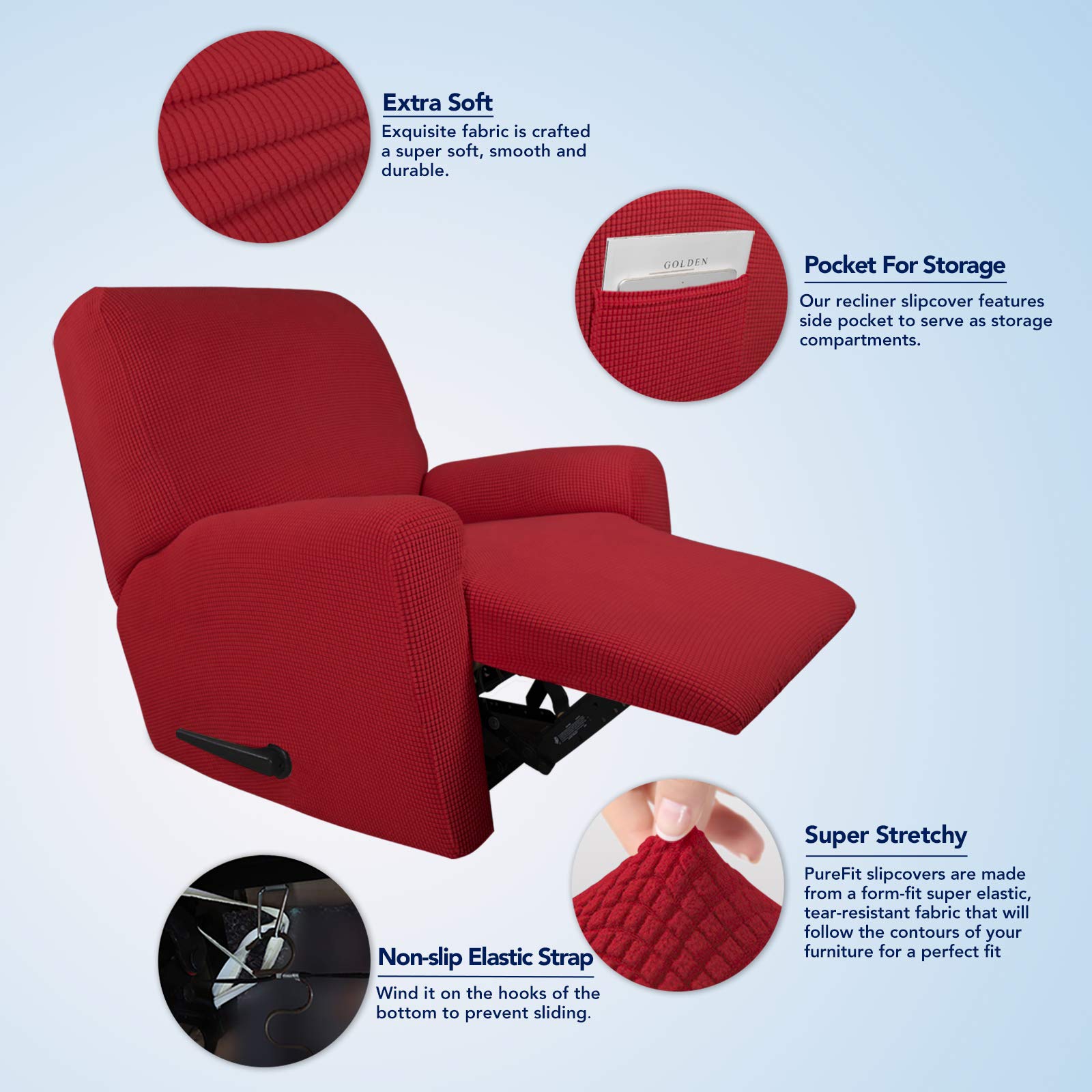 Purefit Stretch Recliner Sofa Slipcover With Pocket - Spandex Jacquard Non Slip Soft Couch Sofa Cover, Washable Furniture Protector With Elastic Bottom For Kids (Recliner, Red)