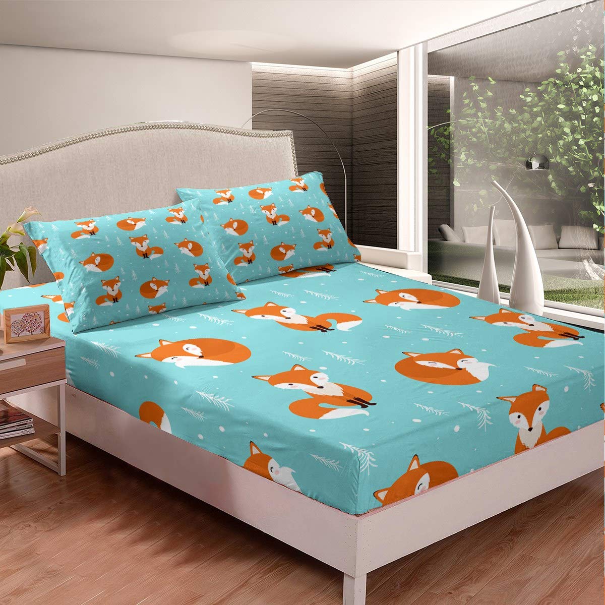 Kids Bed Sheets Twin Size Cute Fox Print Bed Sheet Set For Boys Girls Bedroom Cartoon Kawaii Decor Woodland Fox Wild Animal Bedding Set Children Toddler Fitted Sheet + Flat Sheet + 1 Pillow Case