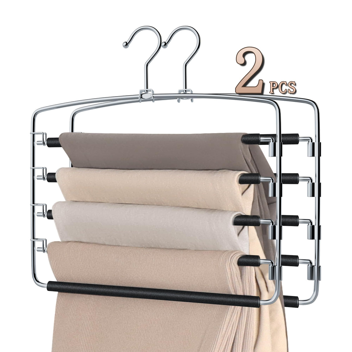 SINDAX Pants Hangers Space Saving  2Pack, 5 Layers Space Saving Hangers, Sturdy Stainless Steel Pant Rack with AntiSlip Swing 