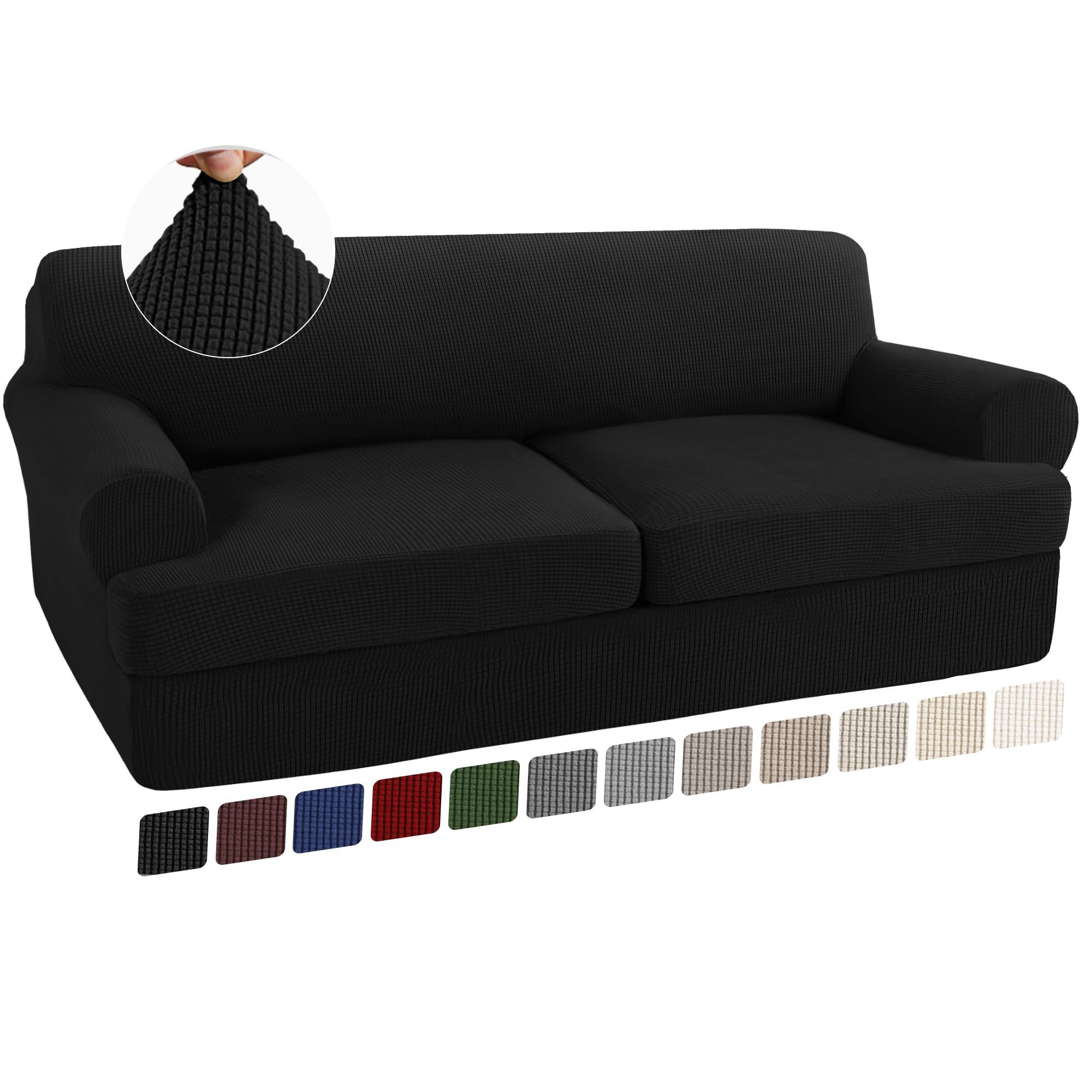 Turquoize 3 Piece T Cushion Sofa Slipcovers Sofa Cover For T Cushion Sofa Couches Stretch Couch Cover Furniture Covers With 2 Individual T Cushion Covers, Machine Washable (2 Cushion Sofa, Black)