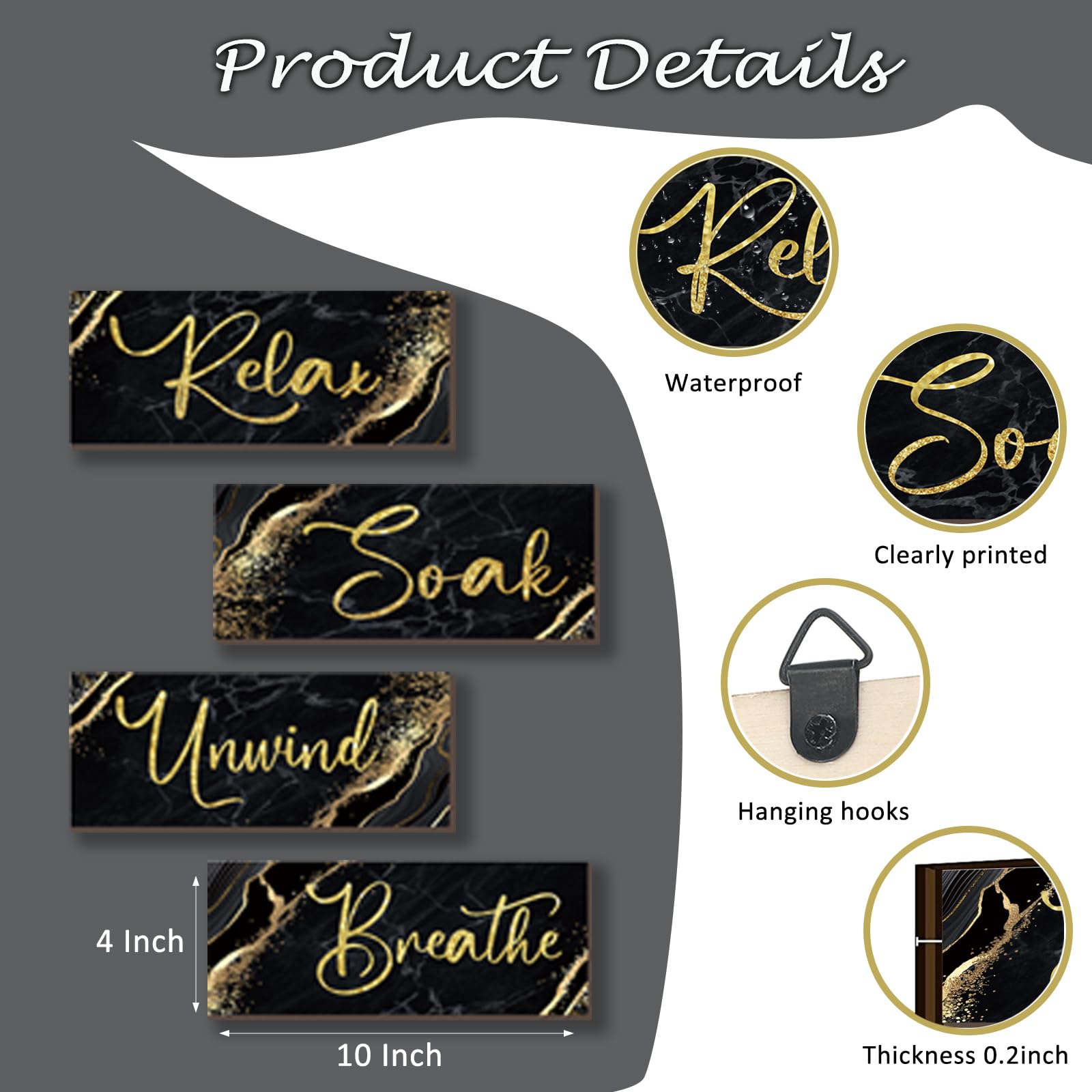Onizhity 4 Pcs Black And Gold Bathroom Decor Black Gold Wall Decor Relax Soak Unwind Breathe Wooden Rustic Marble Style Bathroom