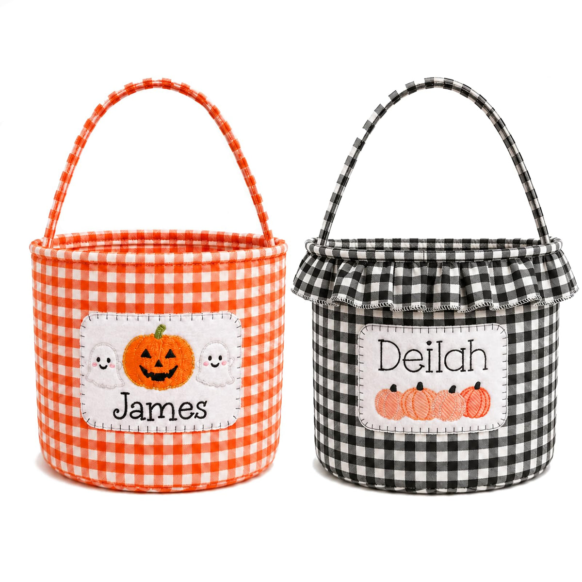 OAEUQ Personalized Halloween Basket for Kids Custom Embroidered Trick or Treat Bucket with Name Gingham Halloween Candy Bag Reus