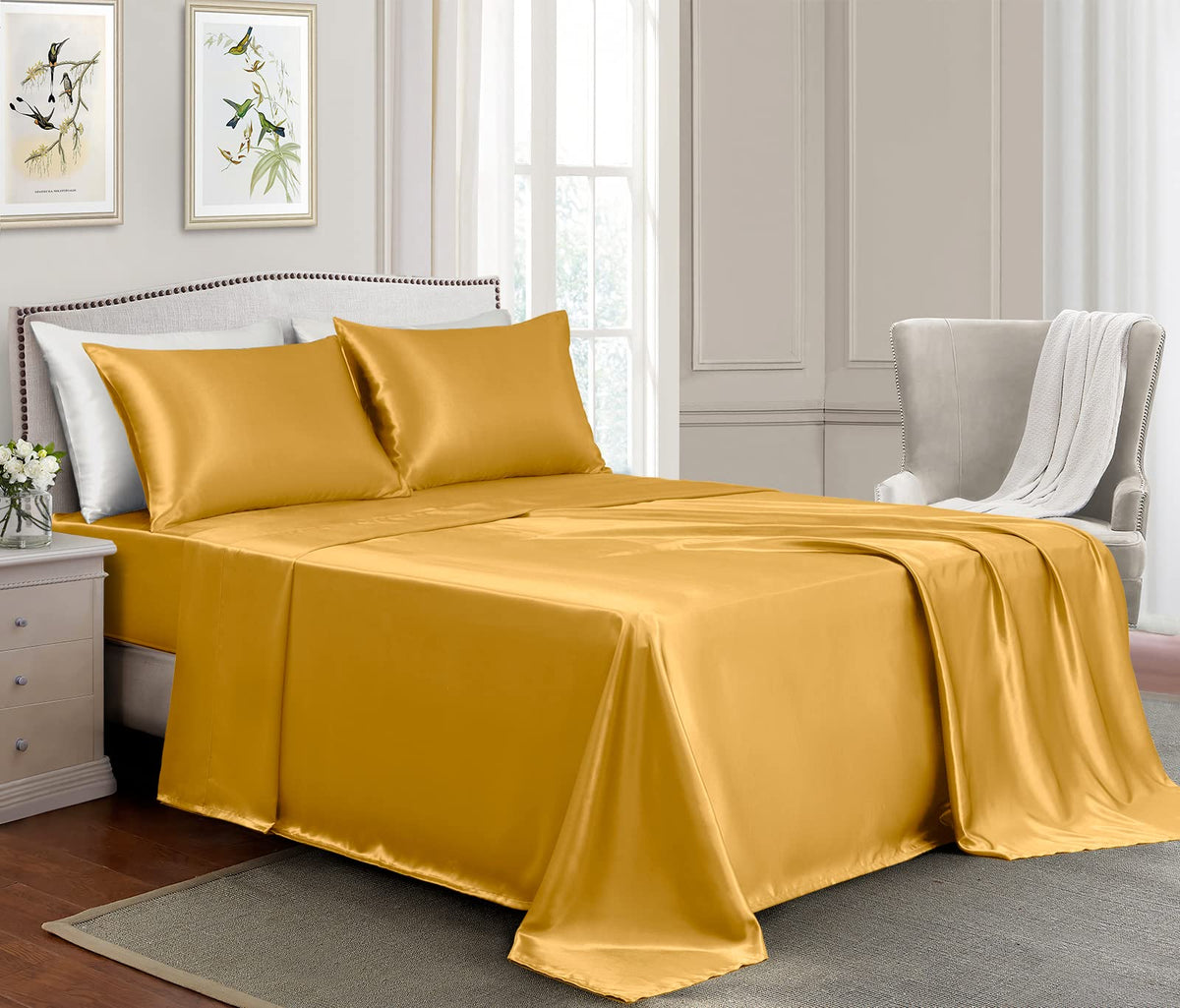 Golal Satin Sheets King Size - 4 Pieces Luxury Silky Soft Bed Sheets, Wrinkle-Free Gold Satin Silk Sheet Set With 1 Deep Pocket