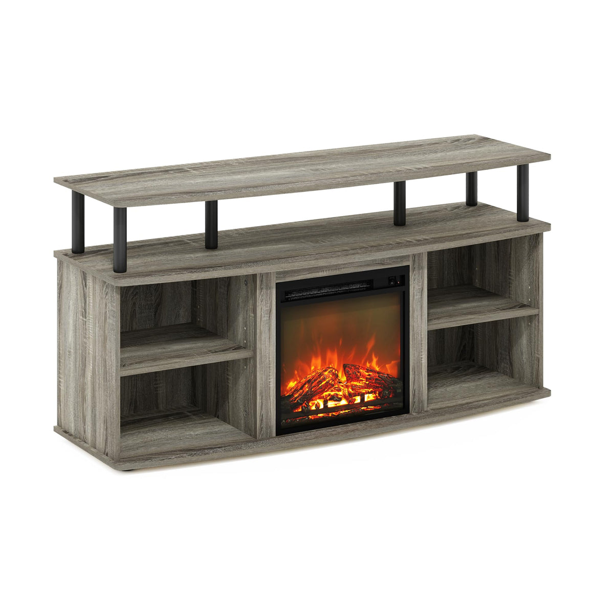 Furinno Jensen Open Shelving Storage Fireplace Tv Entertainment Center For Tv Up To 55 Inch, French Oak Grey/Black