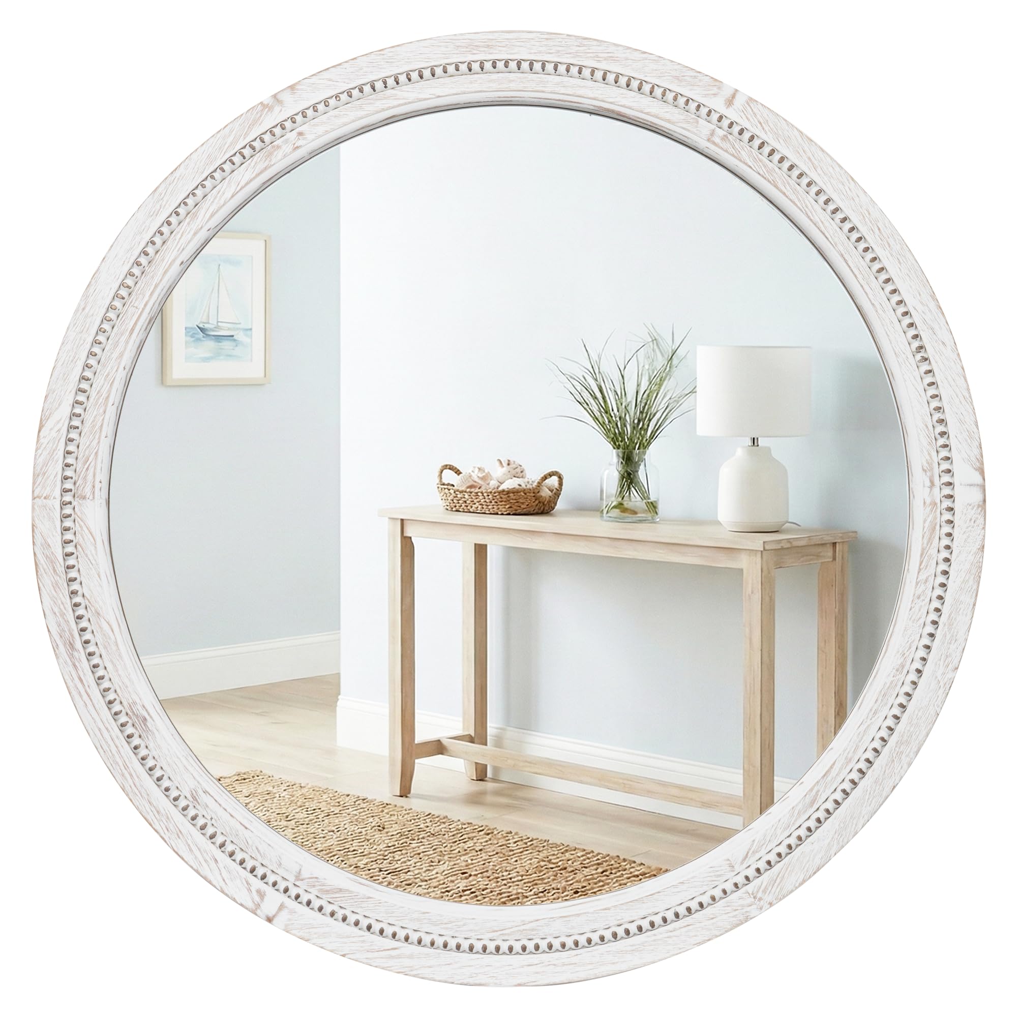 Pocetry 30 White Round Wood Mirror for Bathroom Vanity, Distressed Solid Wood Wall Mirror - French Country Beaded Circle Mirror 