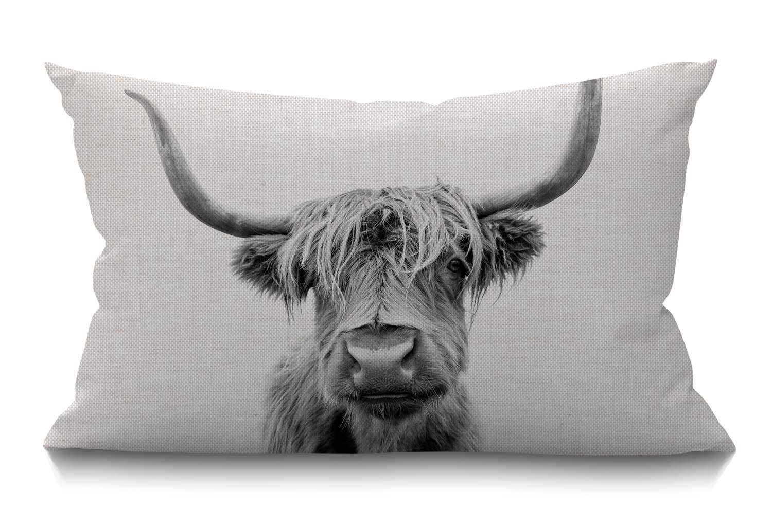 Smooffly Cow Decorative Pillow Cover Farmhouse Portrait Of A Highland Cow Cattle Ox Horn Hairy Grey White Cotton Linen Decoratio