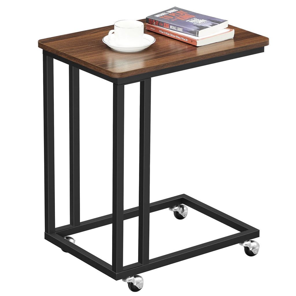 Vasagle End Table, C Shaped Tv Tray With Metal Frame Rolling Casters, Industrial Side Table For Living Room Bedroom, 19.7 X 13.8 X 23.6 Inches, Dark Walnut And Black