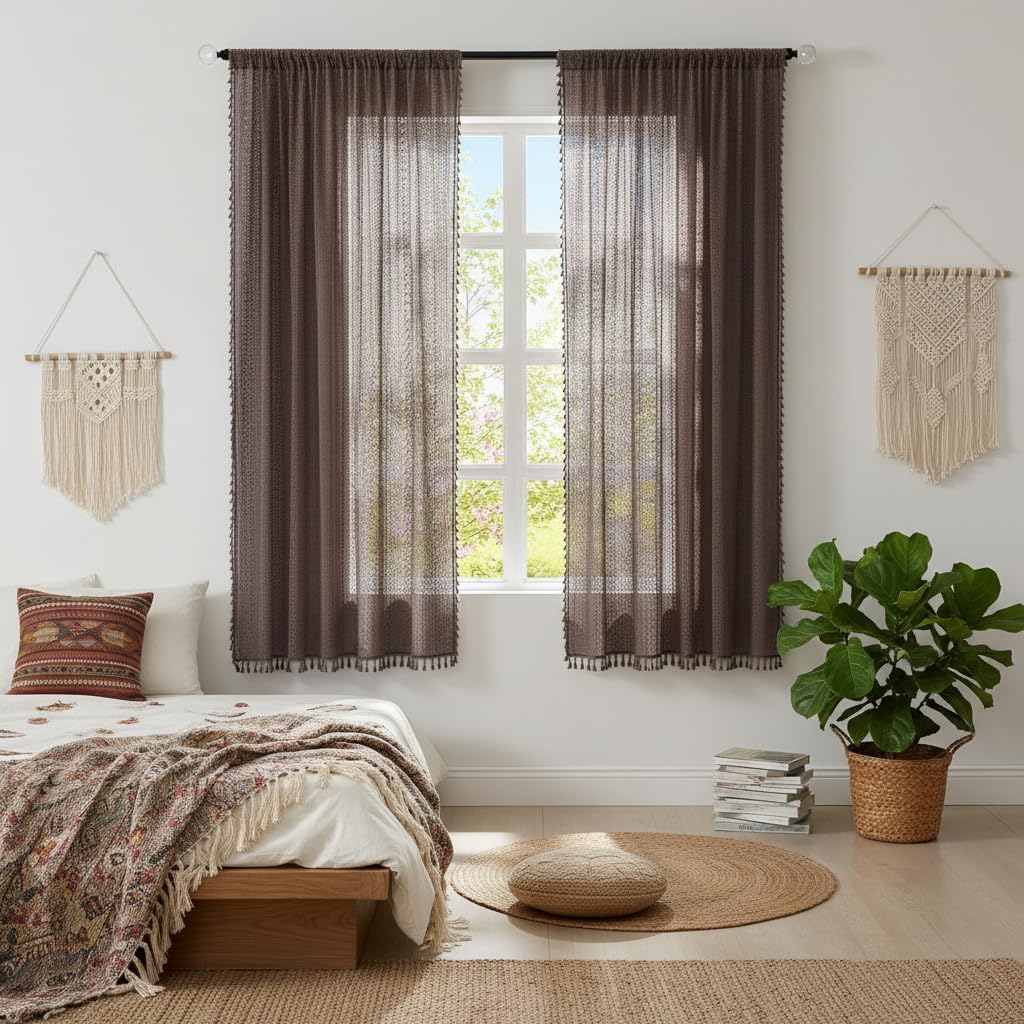 WAZZIO Boho Brown Curtains 2 Panels,Rust Western Style Rod Pocket Tassel See Through Privacy Cotton Blend Crochet Lace Curtain D