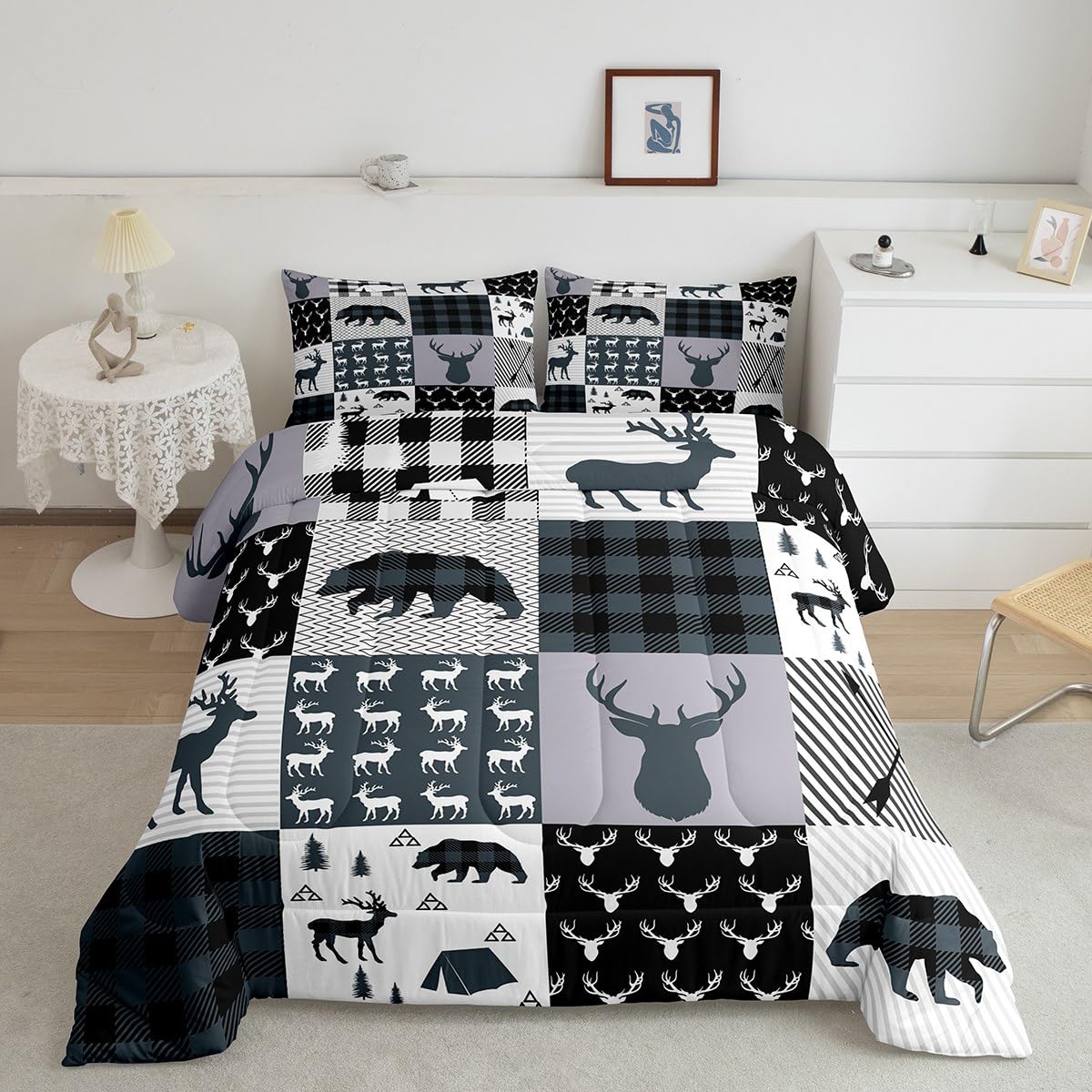 Rustic Deer Bear Comforter Set Queen, Camping Hunting Comforter Set For Kids Western Farmhouse Comforter Bear Antler Silhouette