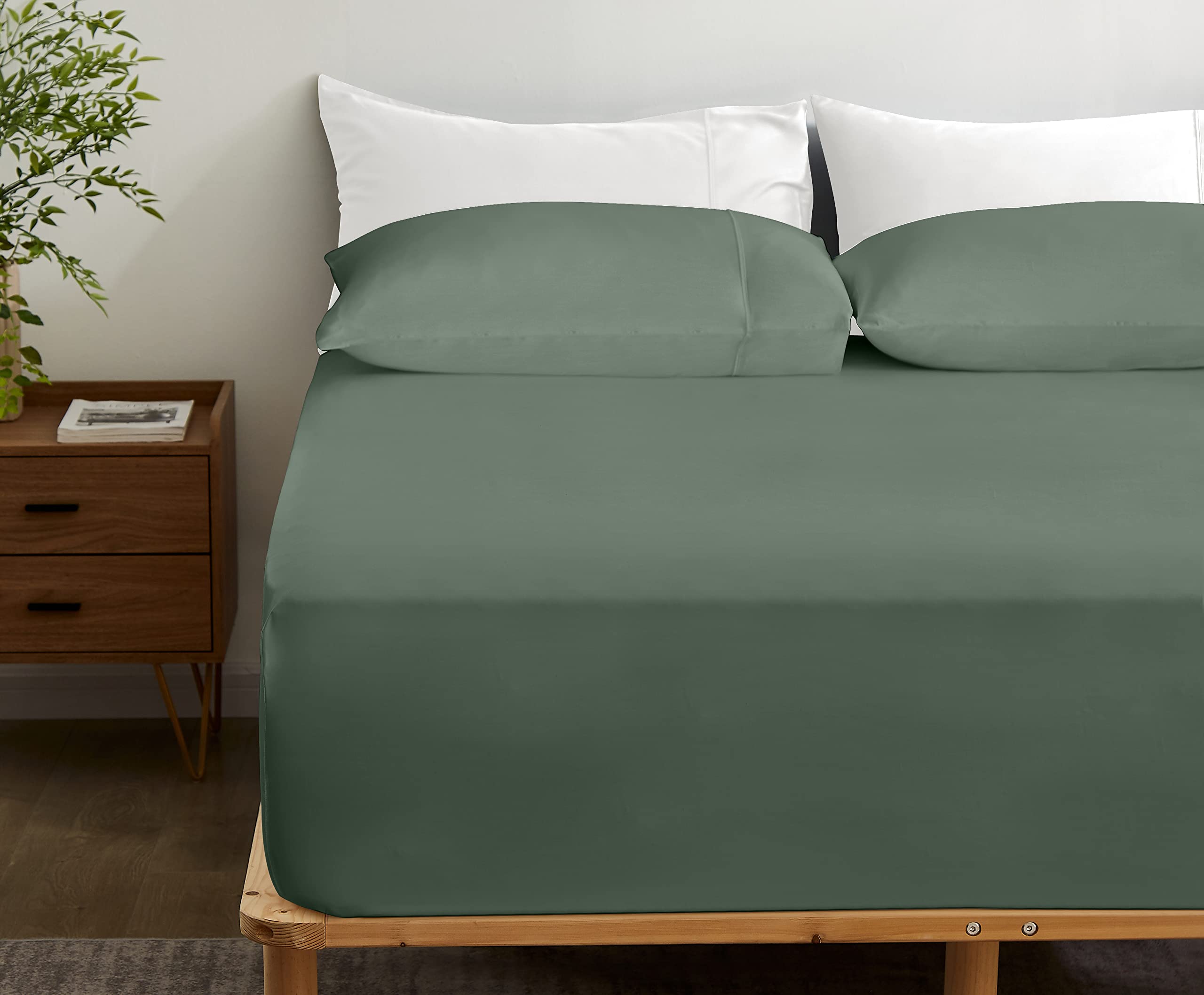 Gokotta 100% Bamboo Rayon Fitted Sheet With Pillow Cases, 300 Tc Super Soft Breathable Cooling Fitted Sheet Full Size With 4 Ela