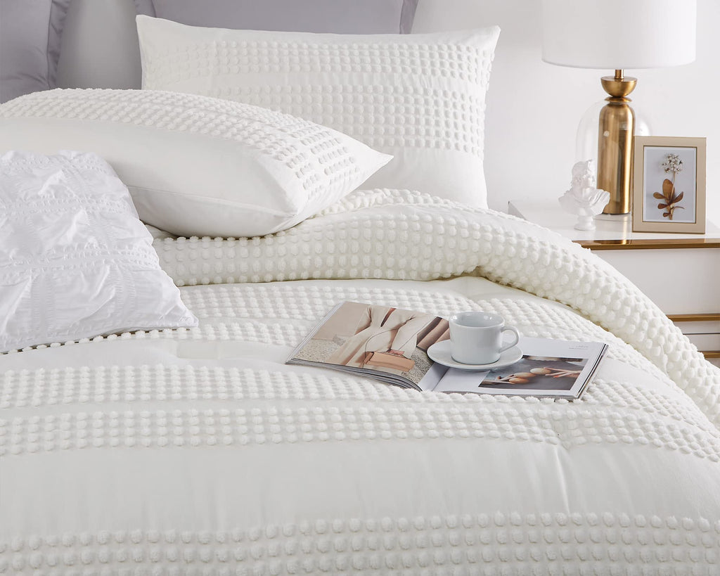 Cupocupa King Size Comforter Set;White Boho Tufted Lightweight Bedding Sets 3Pcs Soft Jacquard Pom Pom Comforter With 2 Pillow C