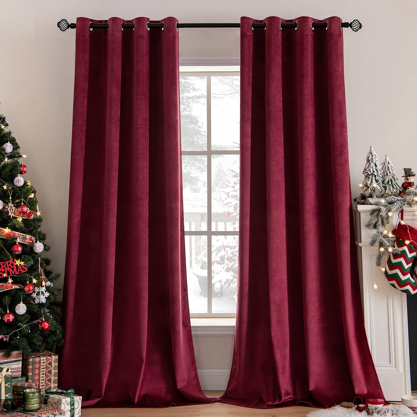 Miulee Burgundy Velvet Curtains For Christmas Solid Soft Red Blackout Curtains Grommet Top Thermal Soundproof Room Darkening Cur