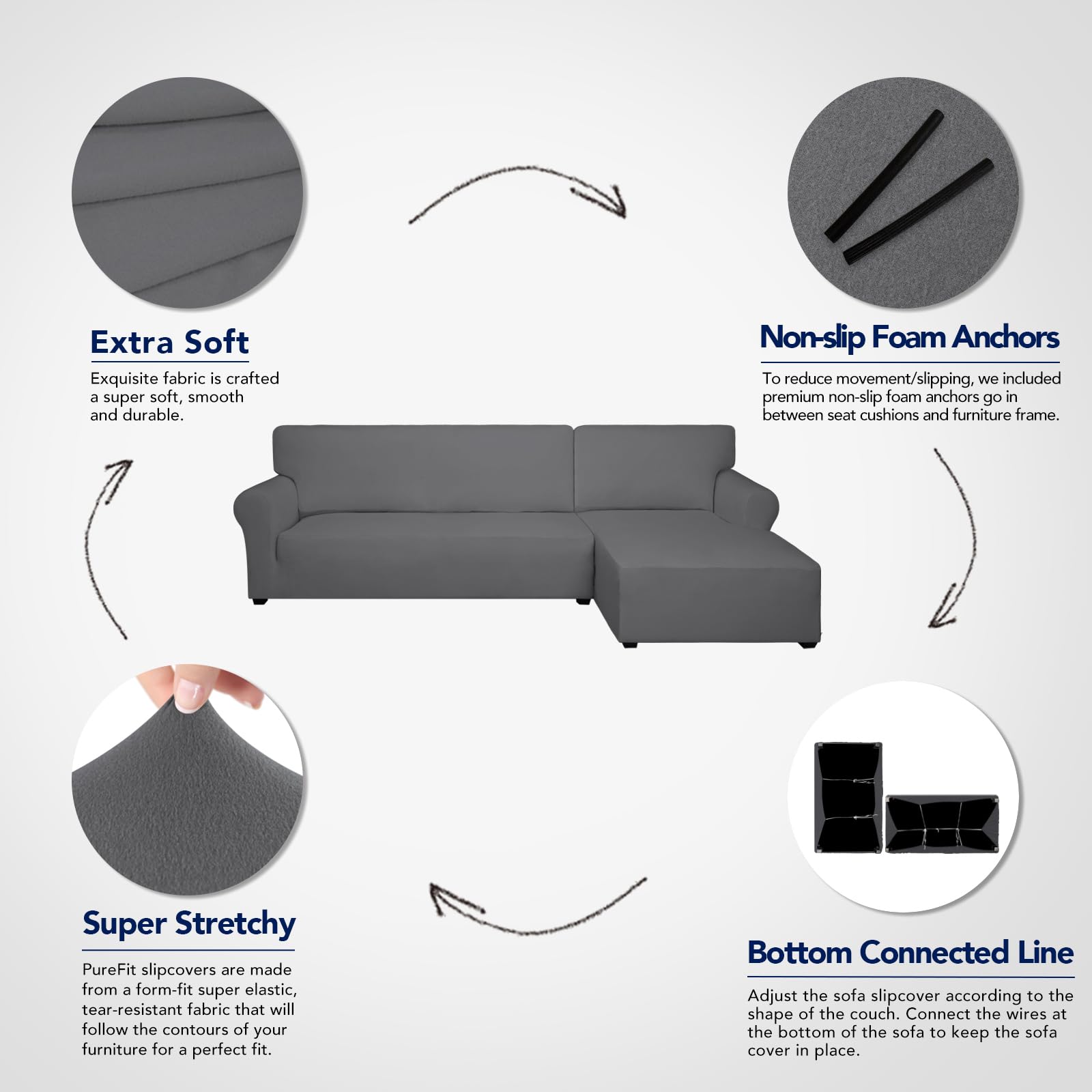 Purefit Super Stretch Sectional Couch Covers - 2 Pcs Spandex Non Slip Sofa Covers With Elastic Bottom For L Shape Sectional Sofa Couch, Great For Kids & Pets (3 Seat Sofa + 2 Seat Chaise, Gray)
