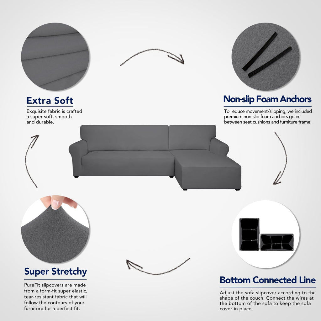 Purefit Super Stretch Sectional Couch Covers - 2 Pcs Spandex Non Slip Sofa Covers With Elastic Bottom For L Shape Sectional Sofa Couch, Great For Kids & Pets (3 Seat Sofa + 2 Seat Chaise, Gray)