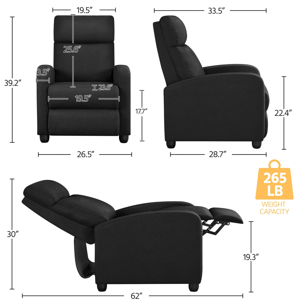Yaheetech Fabric Recliner Chair Sofa Ergonomic Adjustable Single Sofa With Thicker Seat Cushion Modern Home Theater Seating For Living Room Matte Black