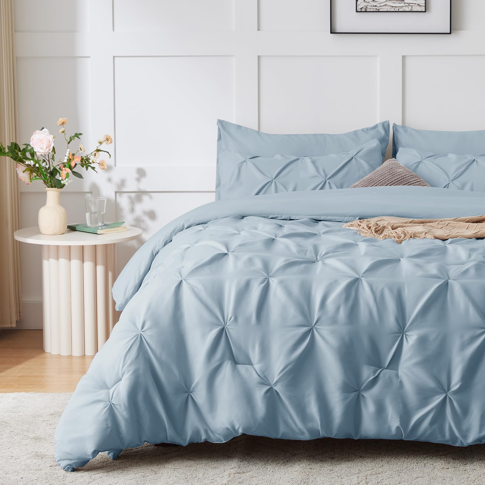Himeet Light Blue Comforter(82''X86'') 7 Pieces Full Size Comforter Sets Pintuck Bluey Bedding Set Bed In A Bag Full Pinch Pleat