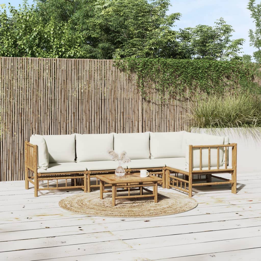 vidaXL Bamboo Patio Lounge Set - 6 Piece Outdoor Garden Sofa Set with Cream White Cushions, Modular Design, Ideal for Patio, Deck, Porch or Poolside