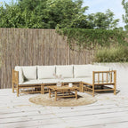 vidaXL Bamboo Patio Lounge Set - 6 Piece Outdoor Garden Sofa Set with Cream White Cushions, Modular Design, Ideal for Patio, Deck, Porch or Poolside