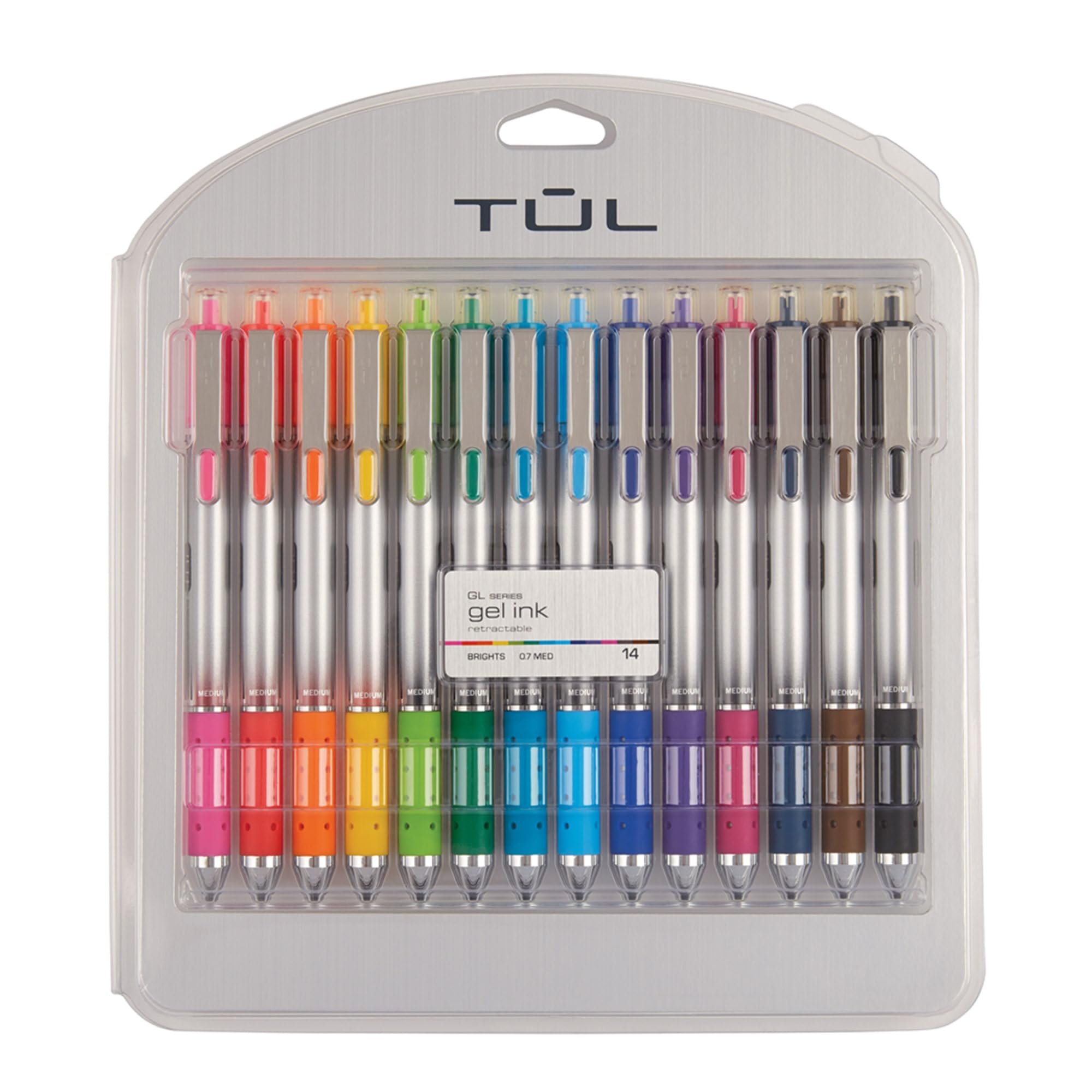 Tul Retractable Gel Pens, Bullet Point, 0.7 Mm, Gray Barrel, Assorted Standard And Bright Ink Colors, Pack Of 14