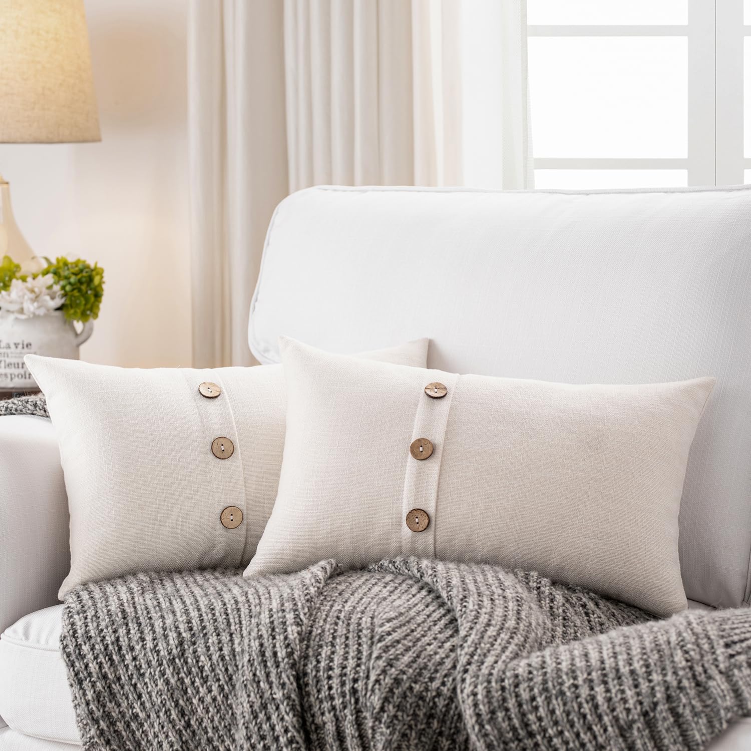 Meekio Set Of 2 Ivory Lumbar Pillow Covers 12 X 20 Farmhouse Boho Pillow Covers With Coconut Buttons For Sofa Couch Living Room