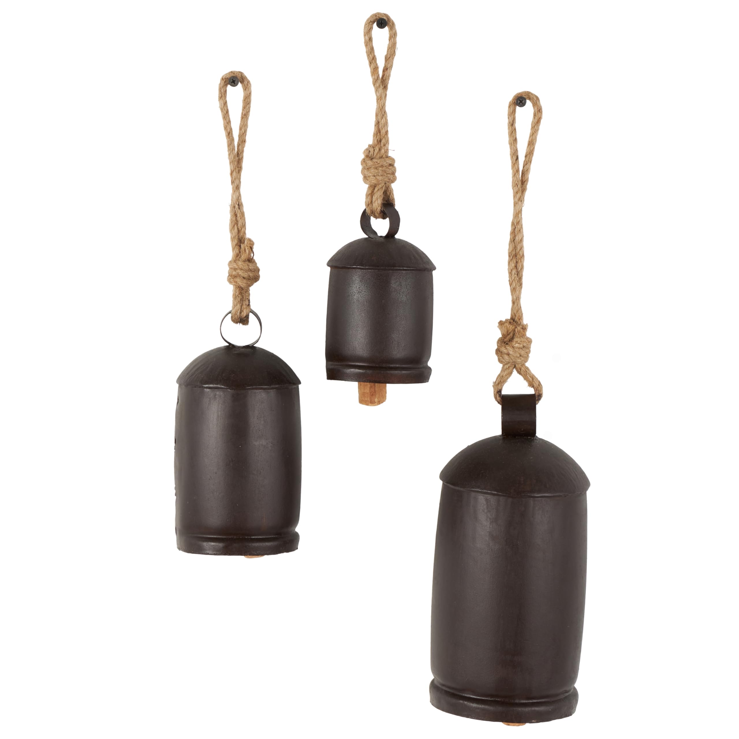 Deco 79 Metal Indoor Outdoor Decorative Cow Bells Cluster Meditation Bell with Jute Hanging Rope, Set of 3 Cow Bell 10,8,6 H, Bl