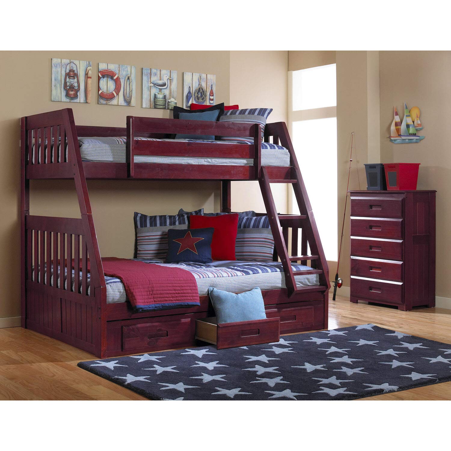 American Furniture Classics Model 2818-Tfm, Solid Pine Mission Twin Over Full Bed With Three Drawers In Merlot. Bunk
