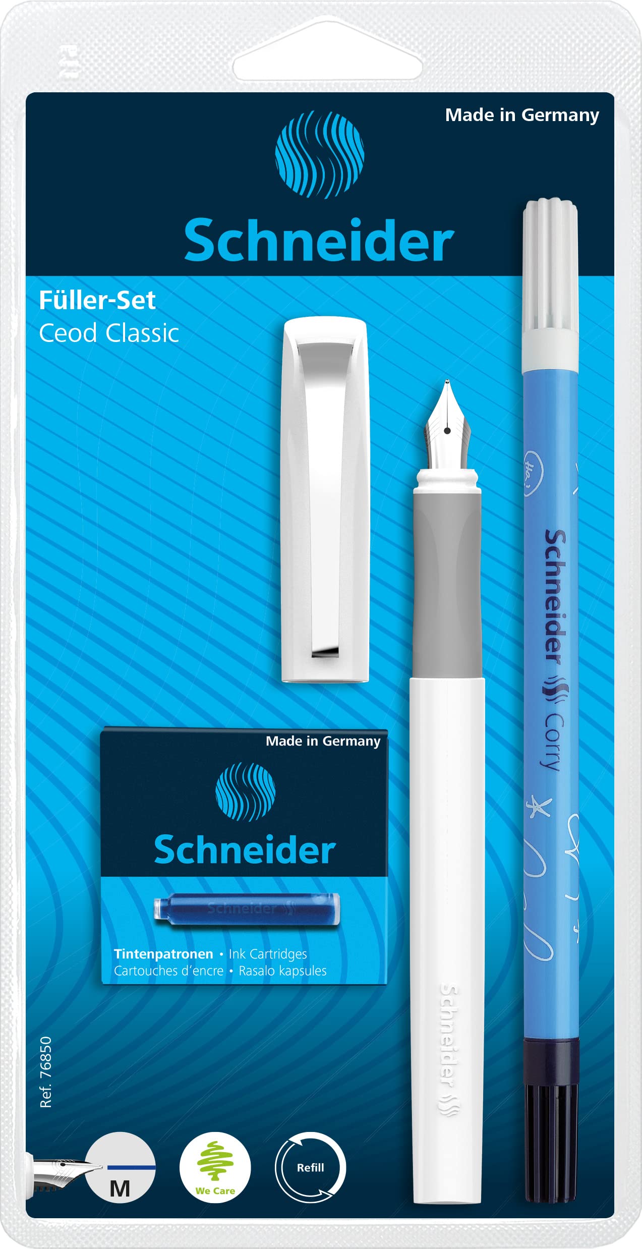 Schneider Ceod Classic Fountain Pen M (Medium), Iridium Tip, White Barrel, Eraser Pen, Pack Of 6 Royal Blue Erasable Ink Cartrid