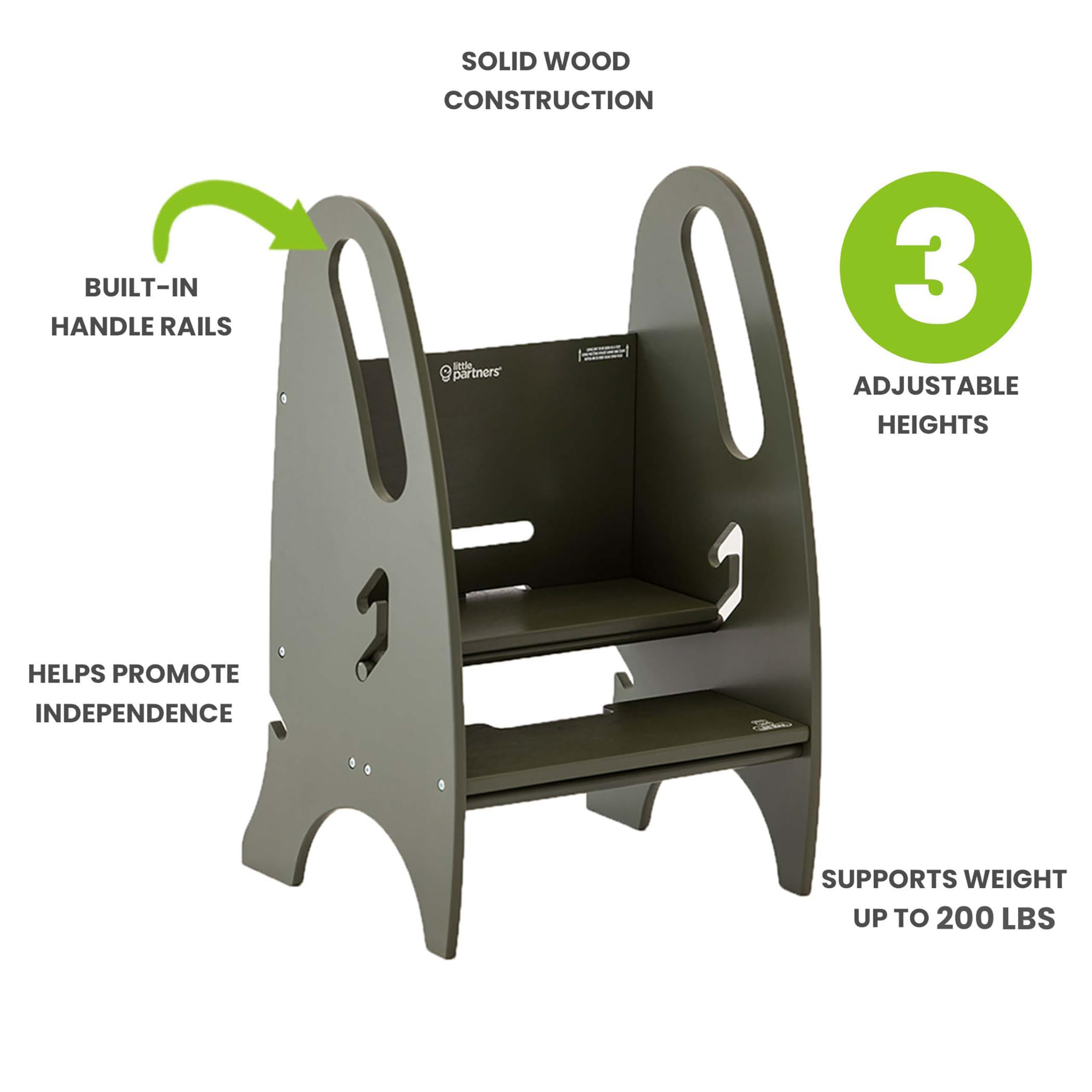 Little Partners 3-In-1 Growing Step Stool Toddler Tower Helper Step Stool, Wooden Toddler Standing Stool For Bathroom Or Kitchen, Anti-Slip Feet, Built-In Safety Hand Rails Up To 200 Lbs(Olive Green)