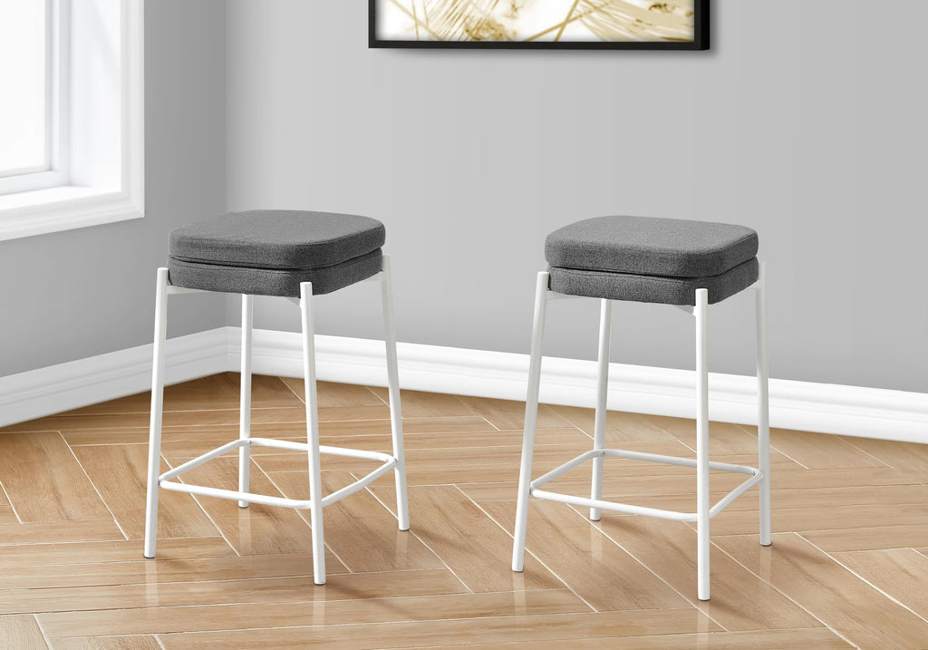 Monarch Specialties I 2227 Barstool, Counter Height, Set of 2, Kitchen, Grey Fabric, White Metal, Contemporary, Modern